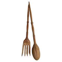 Mid 20th Century Hand Carved Country French Salad Spoon & Fork Pr Folk Art Claw