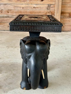 Mid-20th Century Hand-Carved Elephant Side Table With Bone Inlay Top