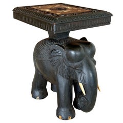 Mid-20th Century Hand-Carved Elephant Side Table With Bone Inlay Top