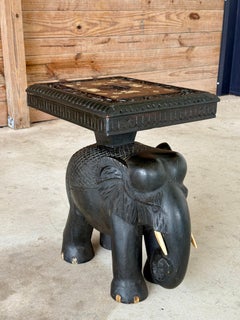 Mid-20th Century Hand-Carved Elephant Side Table With Bone Inlay Top