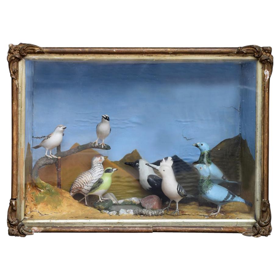 Mid-20th Century Hand Carved Folk Art Bird Diorama with Authentication Stamp