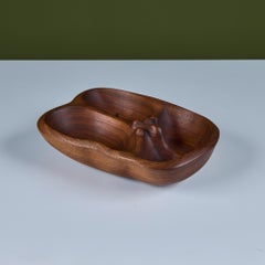 Mid-20th Century Hand-Carved Walnut Bowl with Divided Design