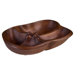 Mid-20th Century Hand-Carved Walnut Bowl with Divided Design
