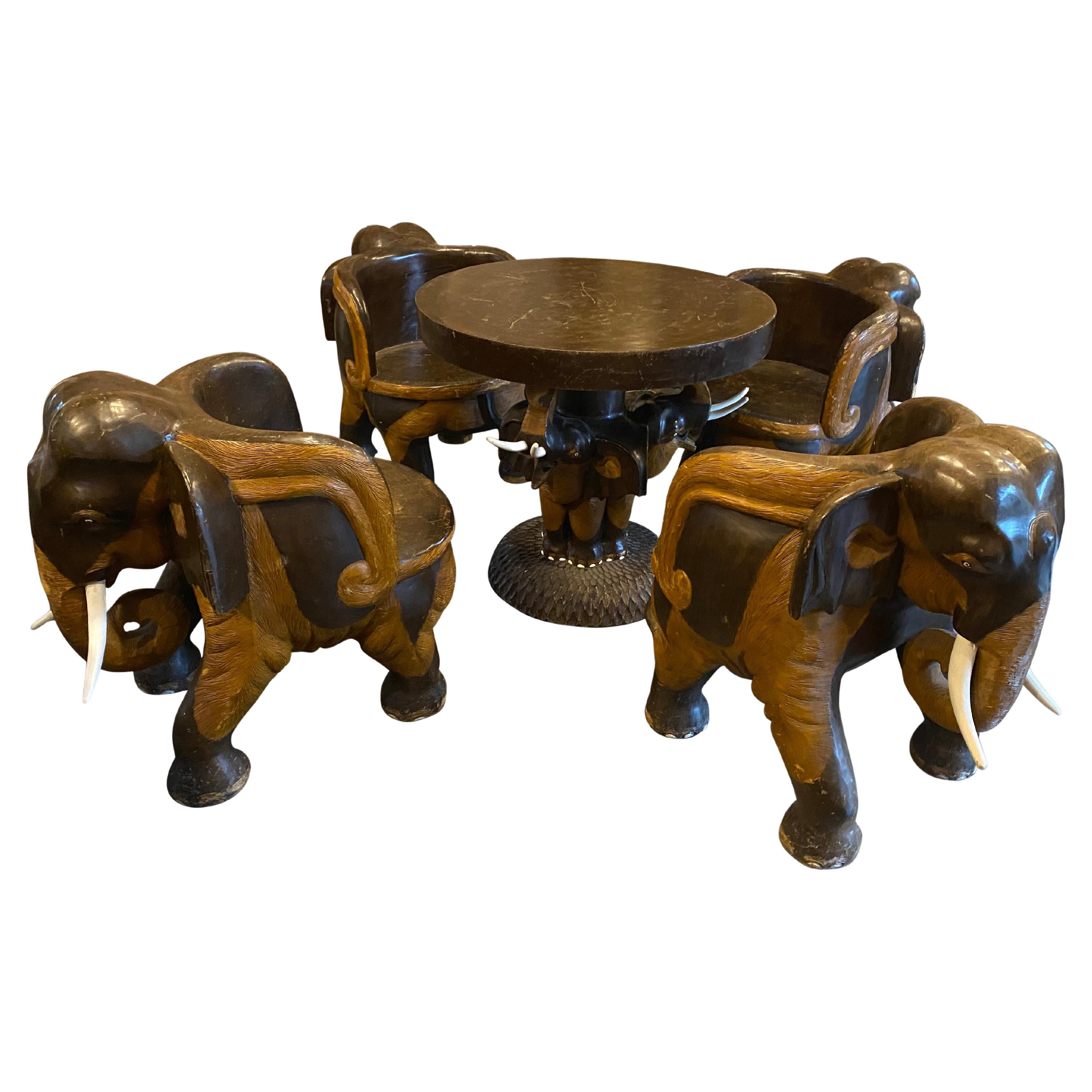 Mid 20th Century Hand Carved Wood Elephant Dining Room Set For Sale