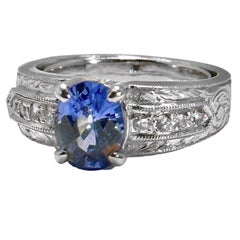 Mid-20th Century Hand Engraved Platinum, Sapphire, and Diamond Cocktail Ring