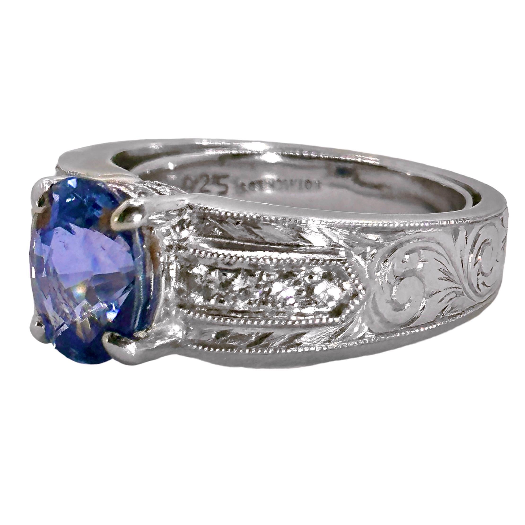 Modern Mid-20th Century Hand Engraved Platinum, Sapphire, and Diamond Cocktail Ring For Sale