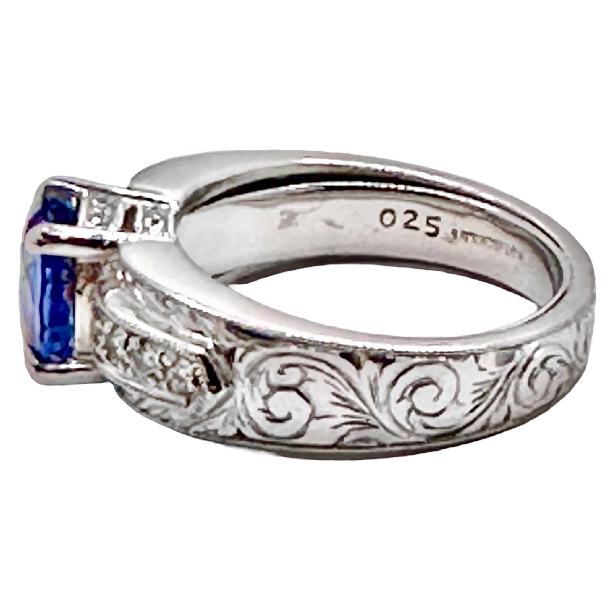 Brilliant Cut Mid-20th Century Hand Engraved Platinum, Sapphire, and Diamond Cocktail Ring For Sale