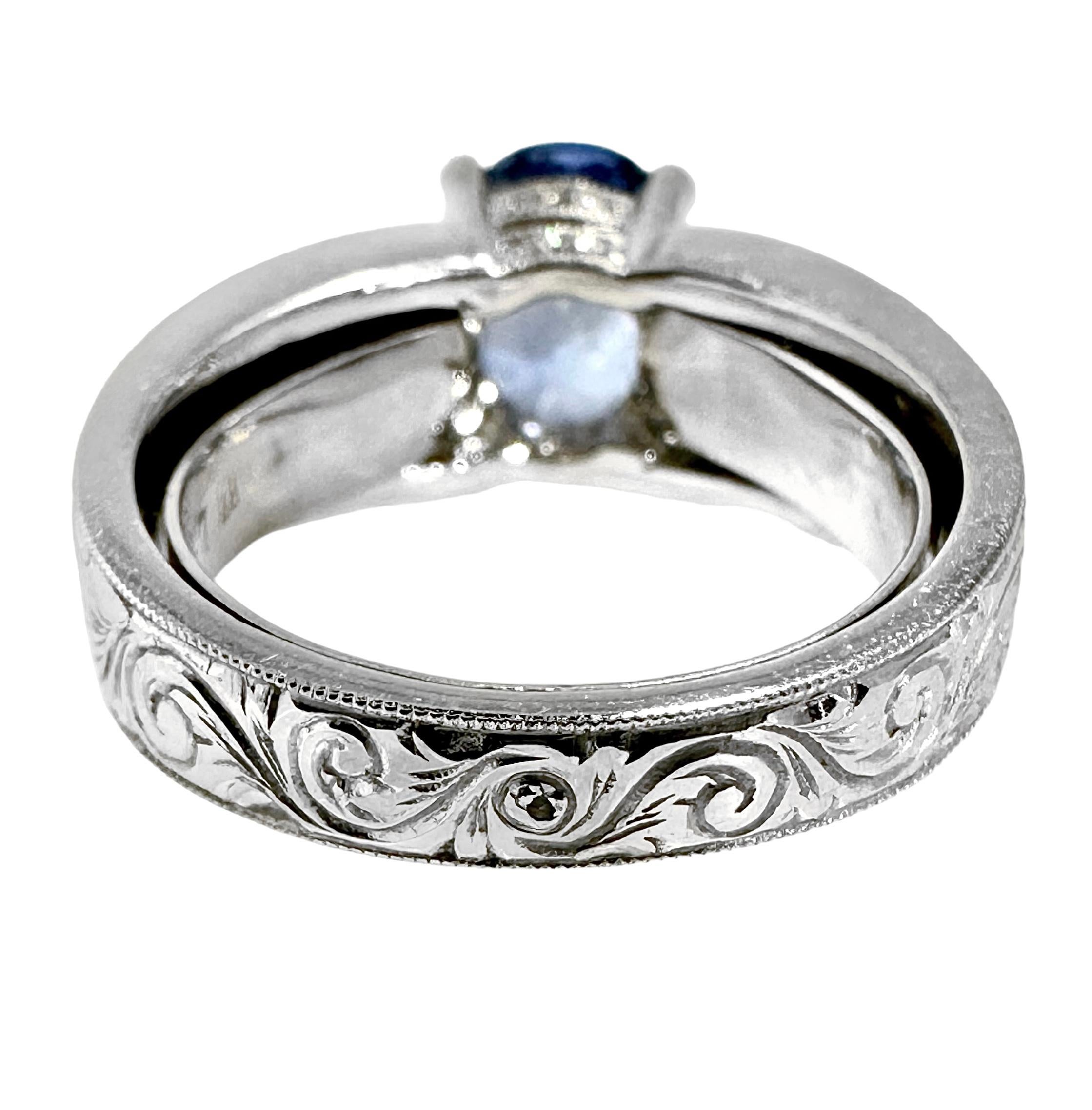 Mid-20th Century Hand Engraved Platinum, Sapphire, and Diamond Cocktail Ring In Excellent Condition For Sale In Palm Beach, FL