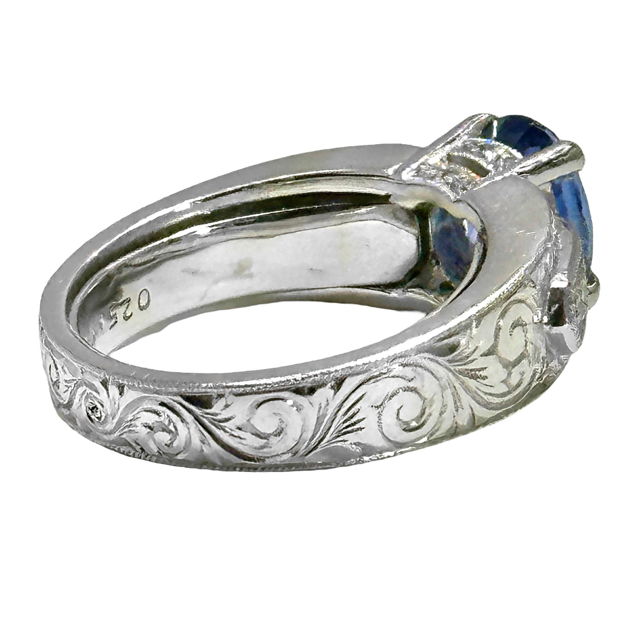Women's Mid-20th Century Hand Engraved Platinum, Sapphire, and Diamond Cocktail Ring For Sale