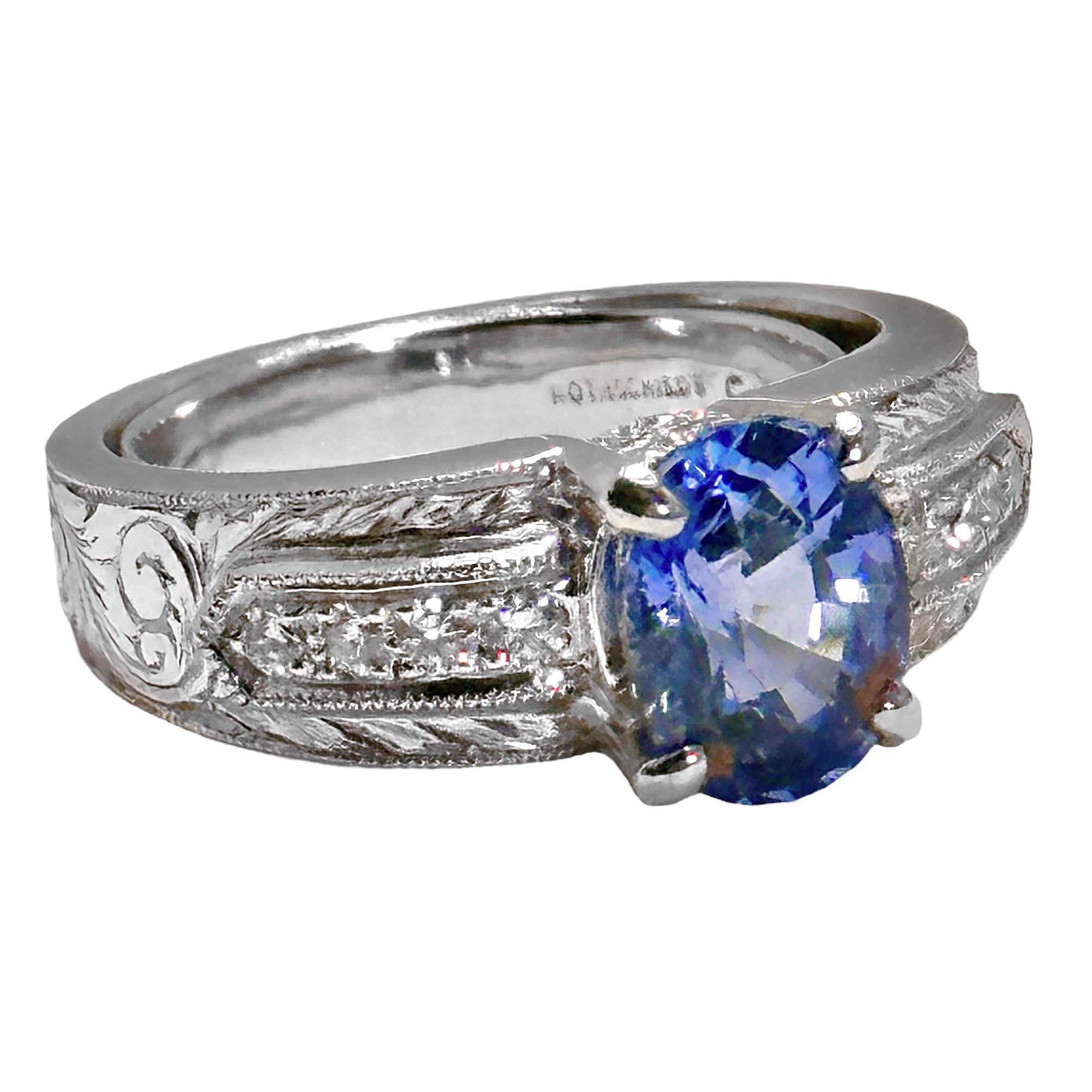 Mid-20th Century Hand Engraved Platinum, Sapphire, and Diamond Cocktail Ring For Sale 1