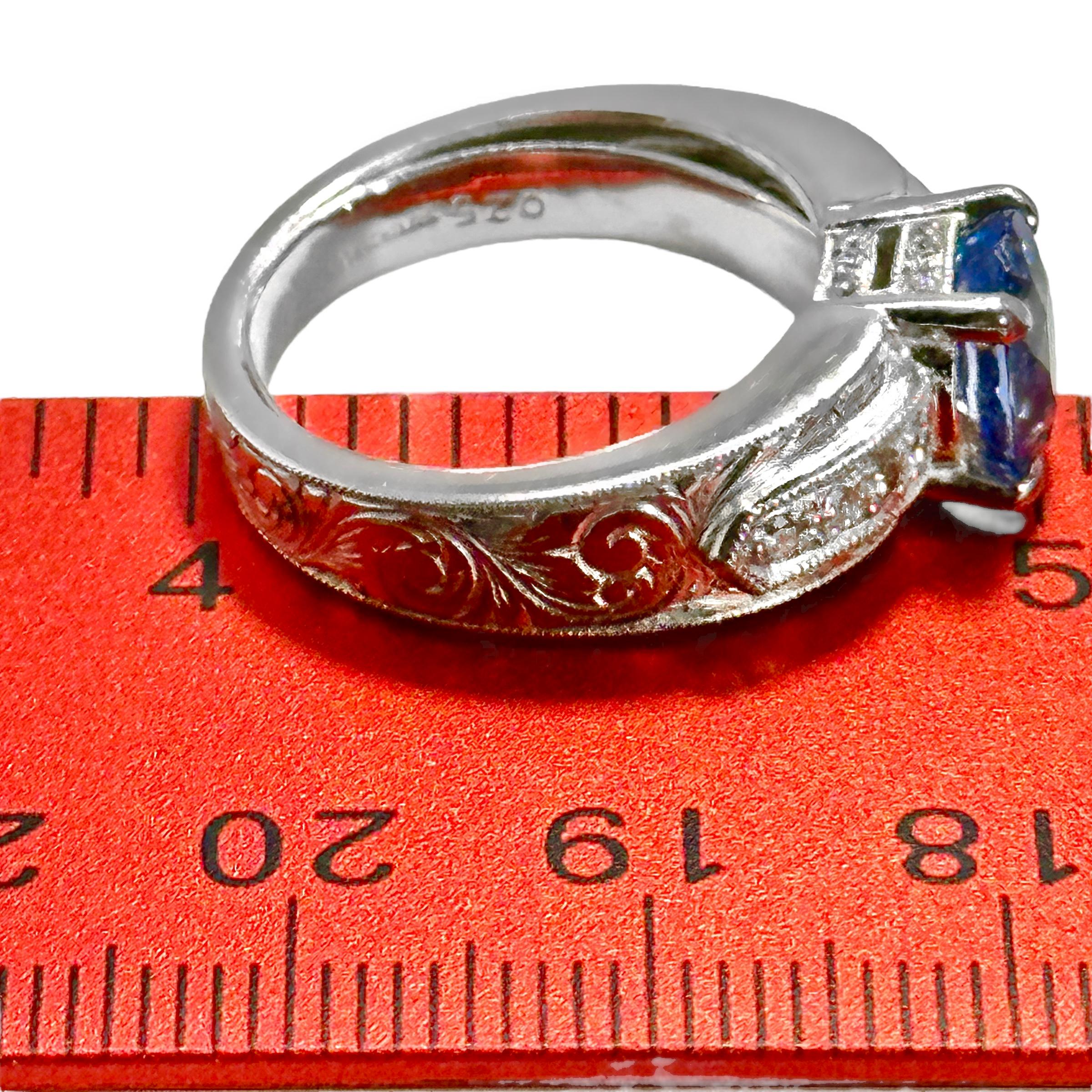 Mid-20th Century Hand Engraved Platinum, Sapphire, and Diamond Cocktail Ring For Sale 2