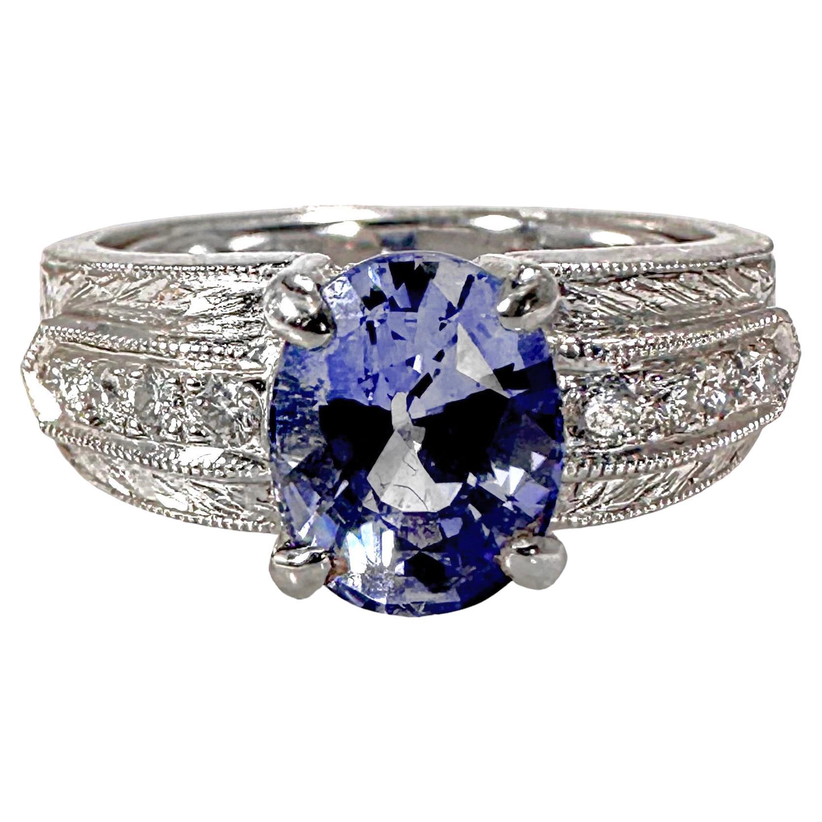 Mid-20th Century Hand Engraved Platinum, Sapphire, and Diamond Cocktail Ring For Sale