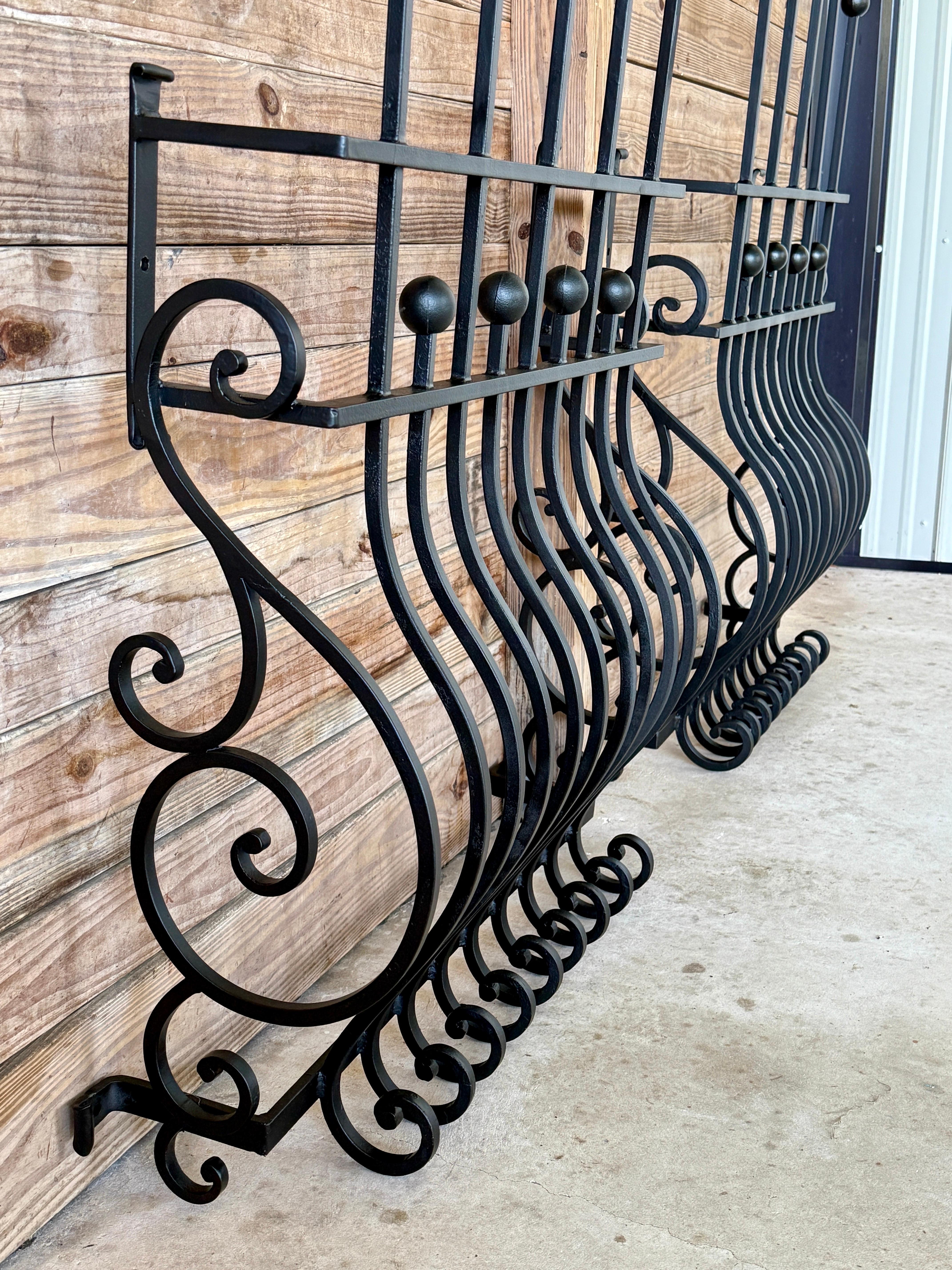 American Mid-20th Century Hand-Forged Iron Window Grilles With Sculptural Scrollwork-Pair For Sale