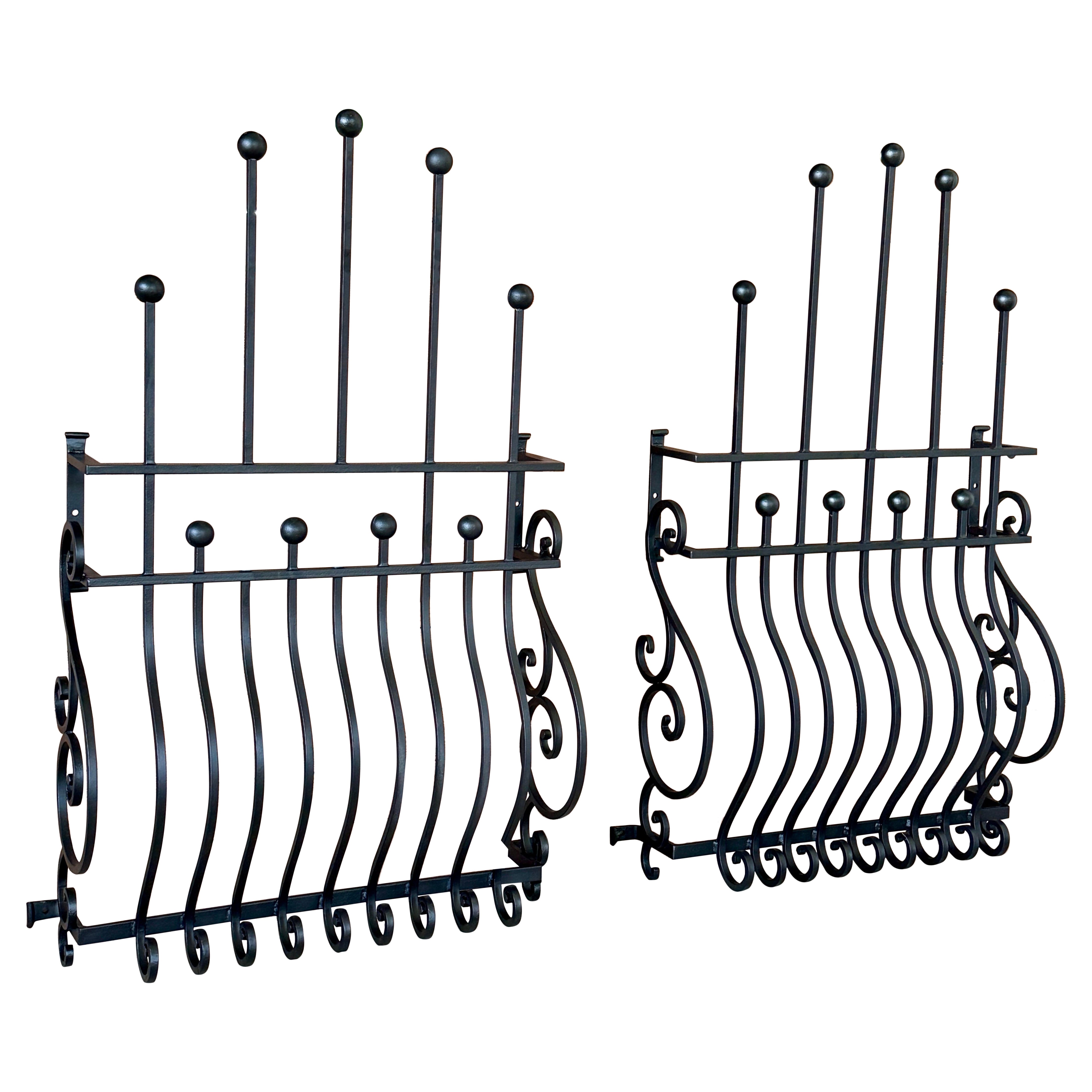 Mid-20th Century Hand-Forged Iron Window Grilles With Sculptural Scrollwork-Pair For Sale