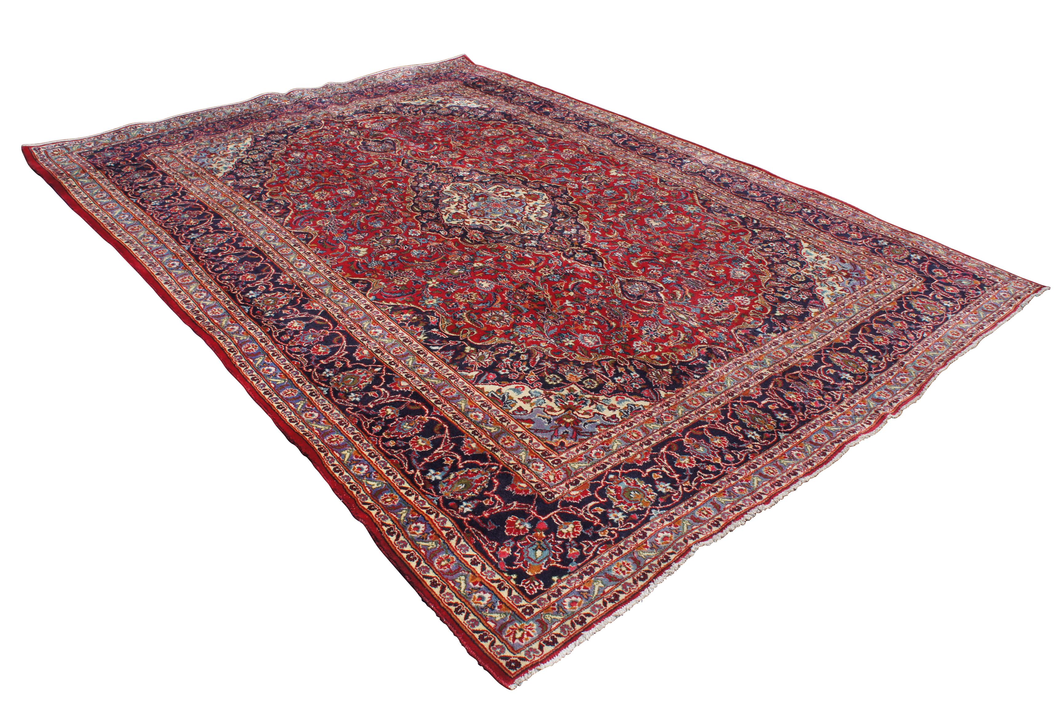 Islamic Mid-20th Century Hand Knotted Persian Keshan Wool Area Rug Blue Red For Sale