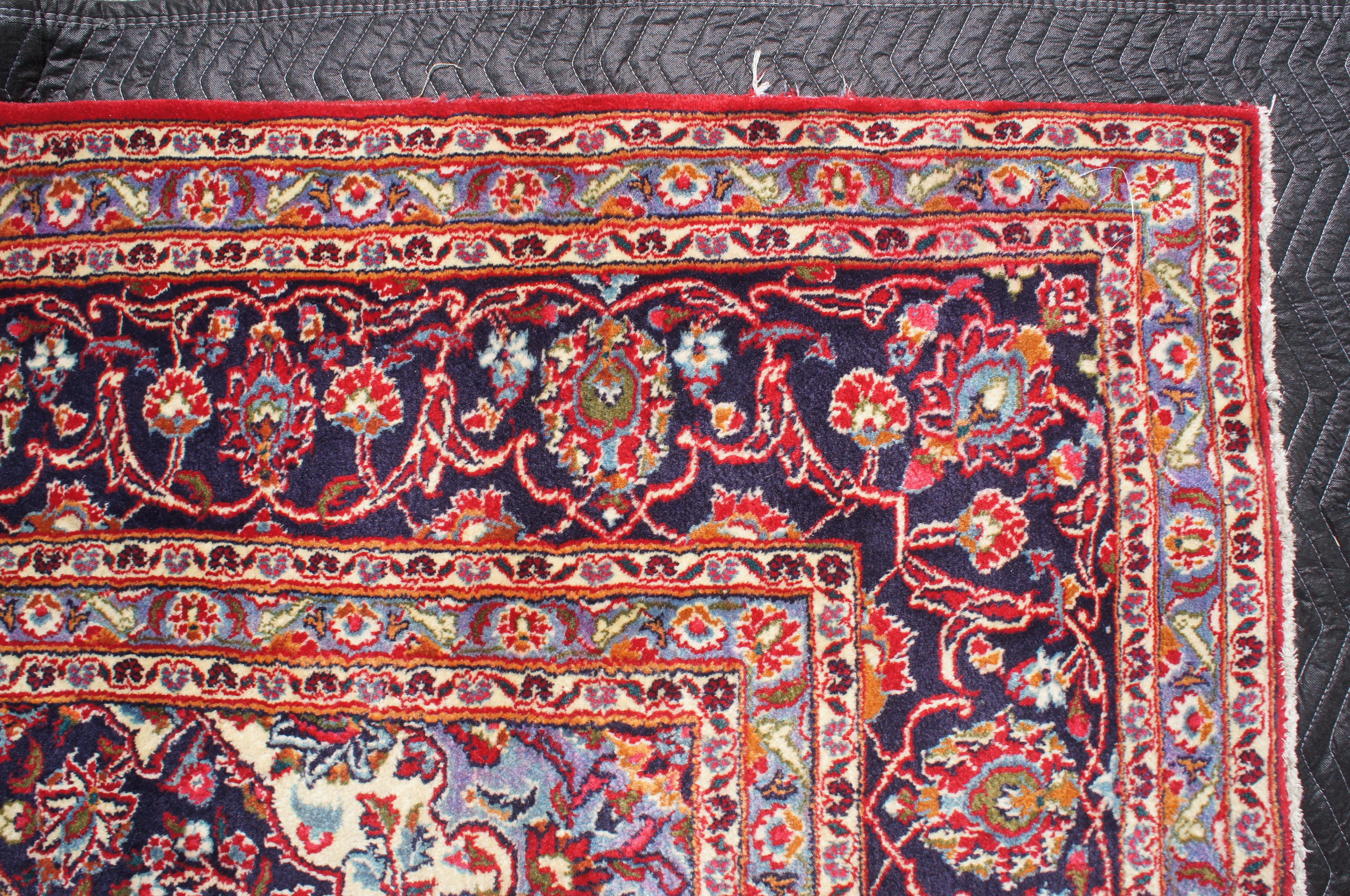 Mid-20th Century Hand Knotted Persian Keshan Wool Area Rug Blue Red For Sale 1