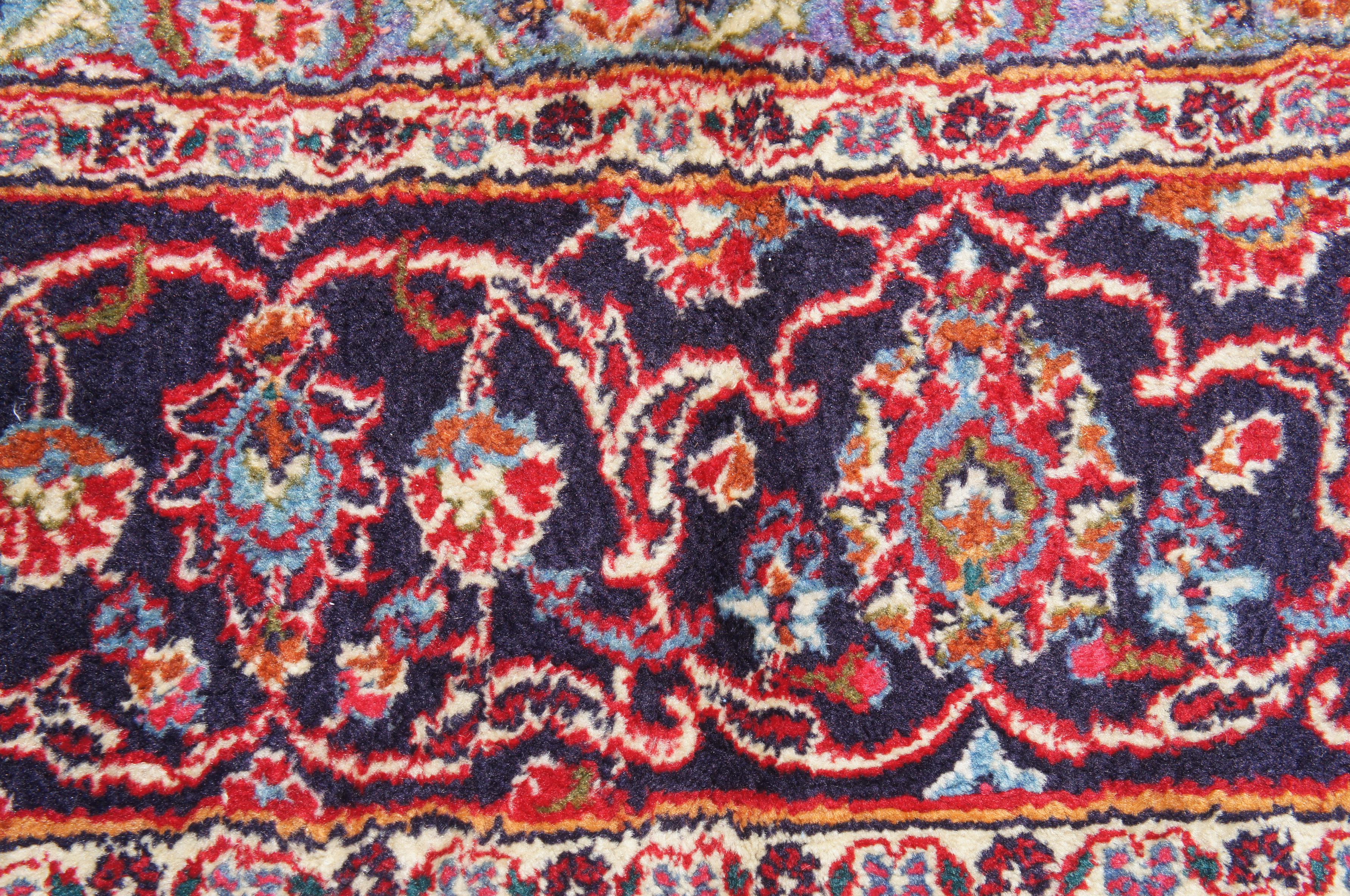 Mid-20th Century Hand Knotted Persian Keshan Wool Area Rug Blue Red For Sale 3