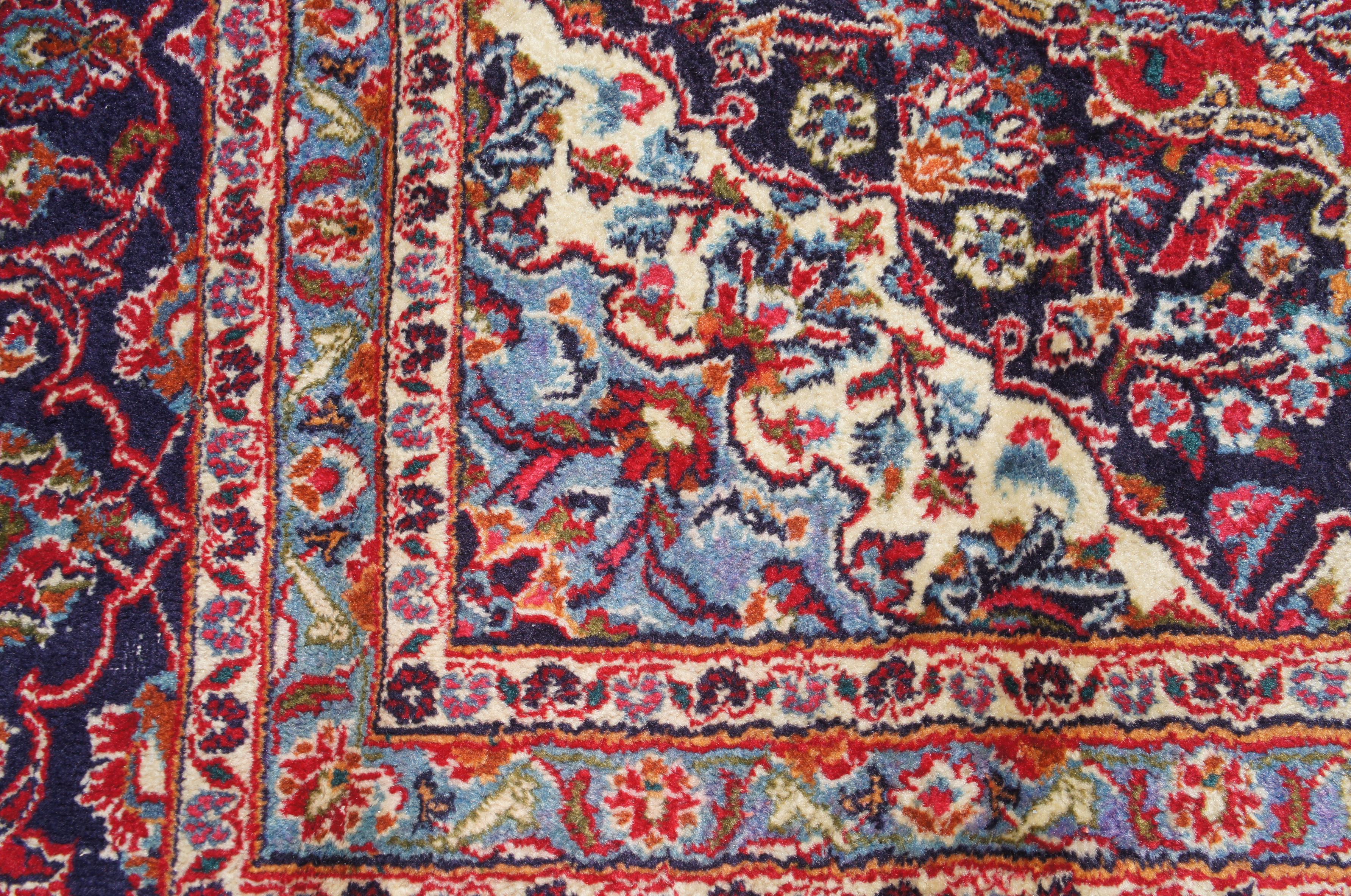 Mid-20th Century Hand Knotted Persian Keshan Wool Area Rug Blue Red For Sale 4