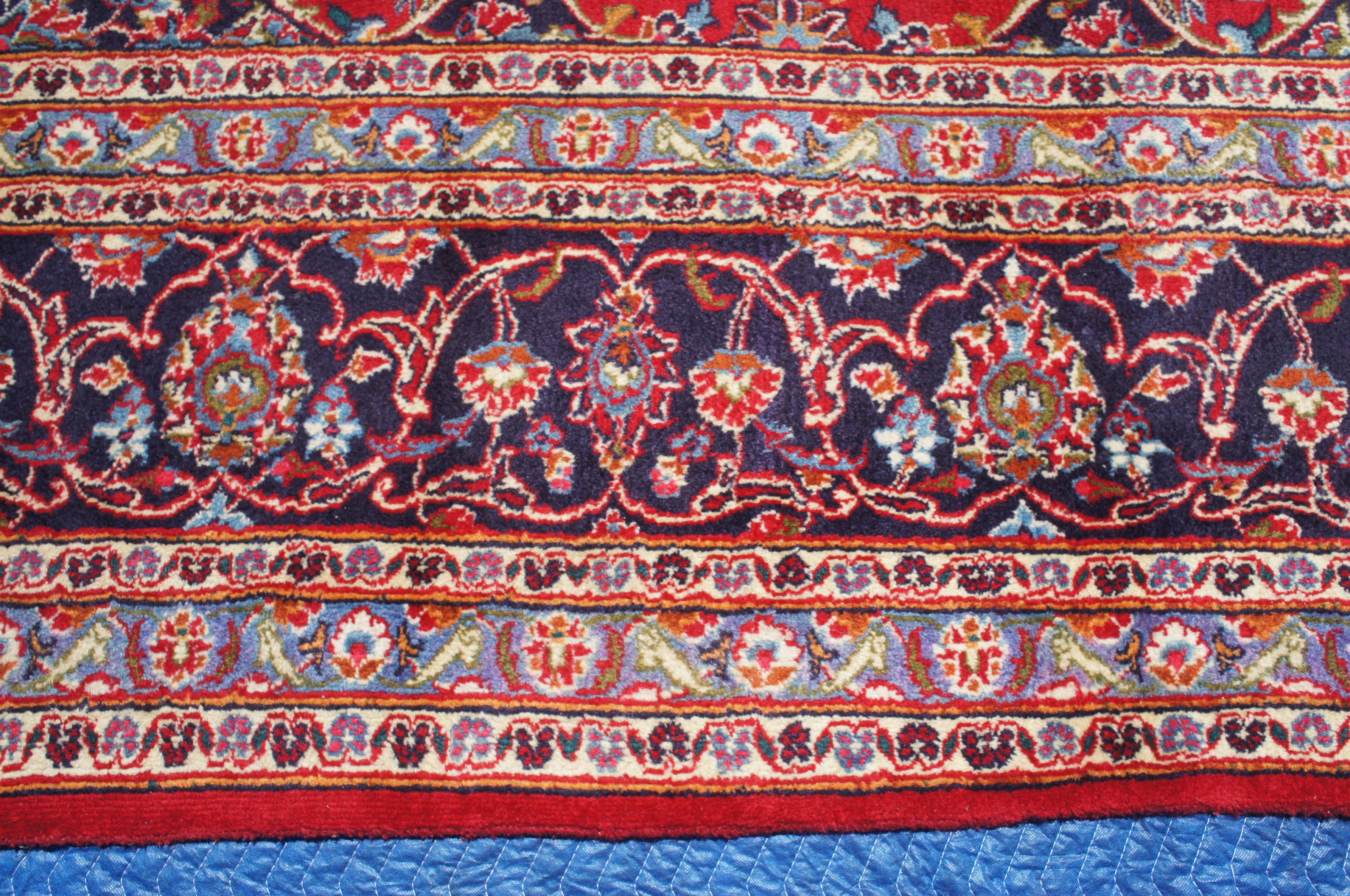 Mid-20th Century Hand Knotted Persian Keshan Wool Area Rug Blue Red For Sale 5