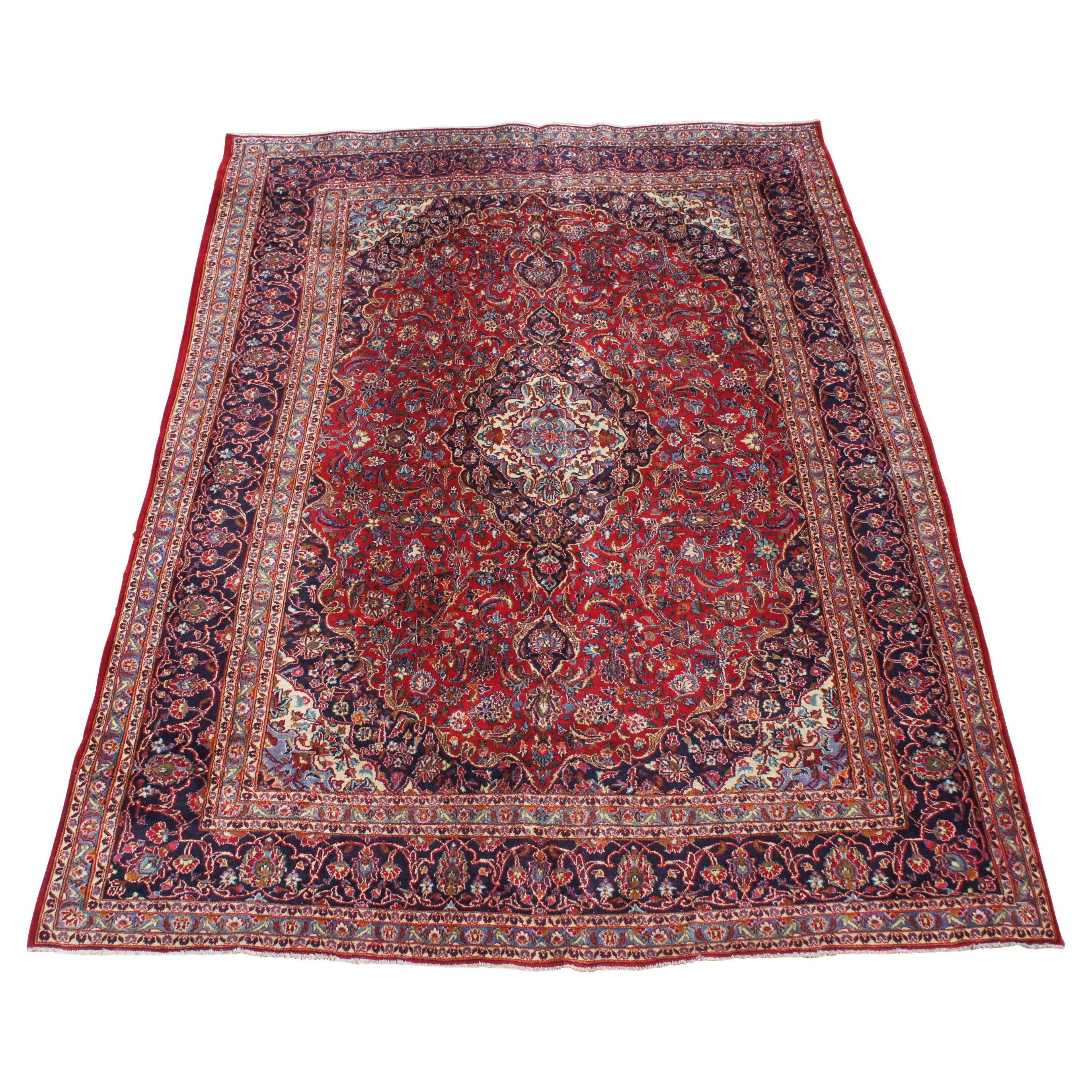 Mid-20th Century Hand Knotted Persian Keshan Wool Area Rug Blue Red For Sale
