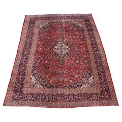 Used Mid-20th Century Hand Knotted Persian Keshan Wool Area Rug Blue Red