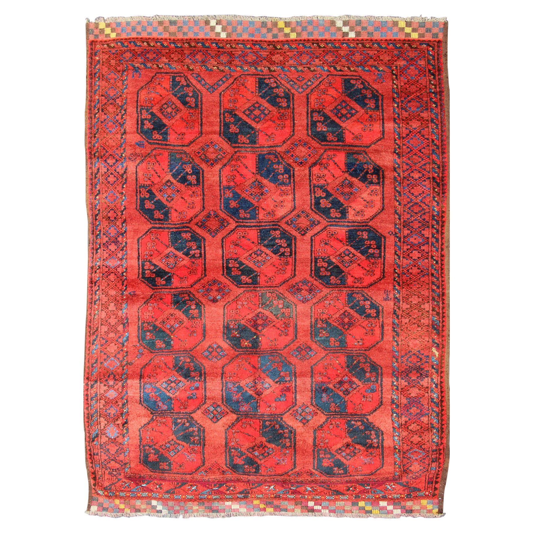 Alfombra Turkomen Ersari de mediados del siglo XX anudada a mano en lana con diseño gul