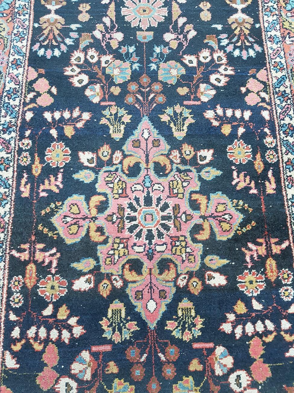 Old hand-knotted oriental wool on cotton warp Hamadan walker with a beautiful color pattern, from the mid-20th century (it has some traces of wear).

The measurements are,
Width 105 cm/ 41.3 inch.
Length 310 cm/ 122 inch.

