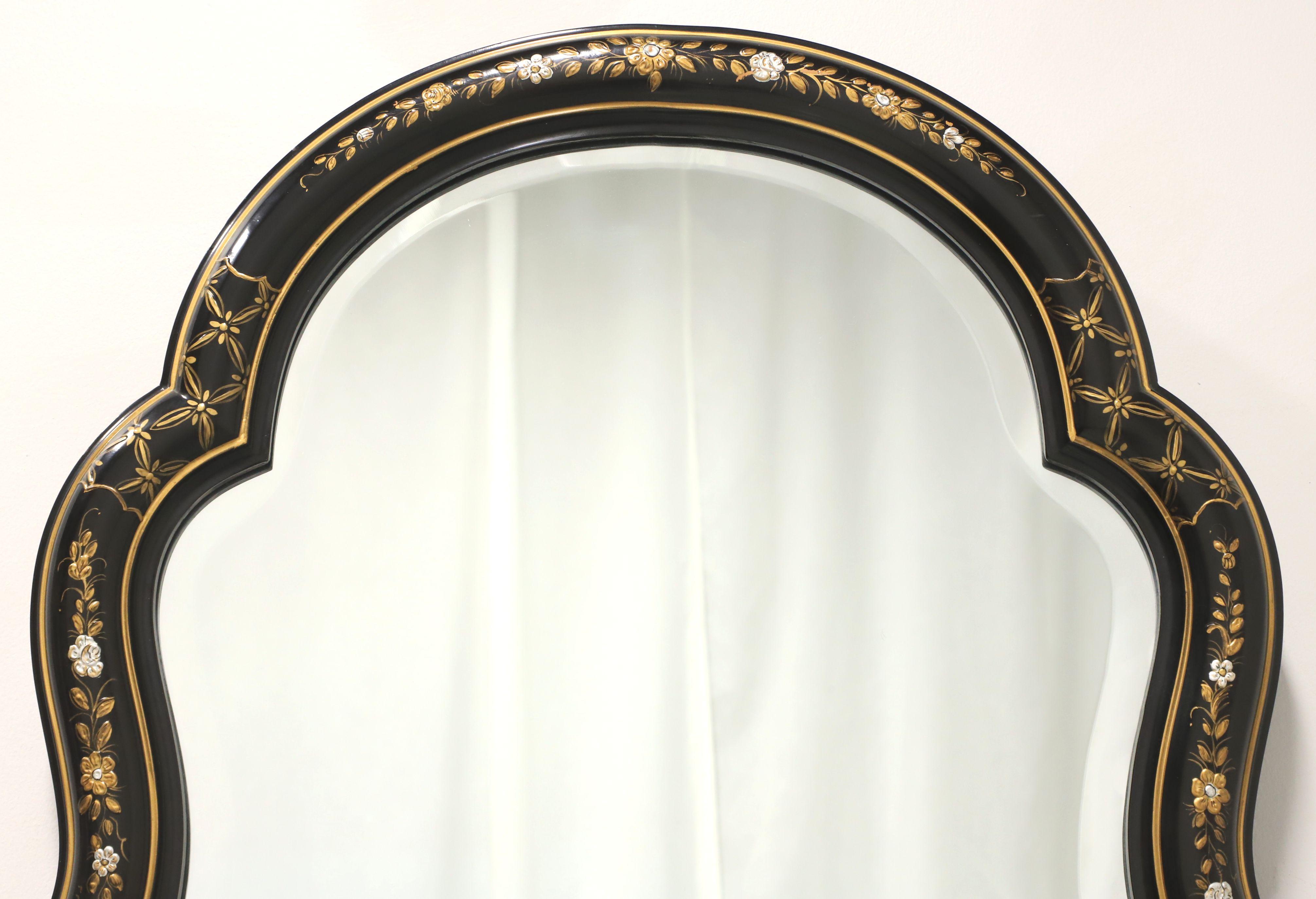 American Mid-20th Century Hand Painted Black Lacquer Chinoiserie Beveled Wall Mirror