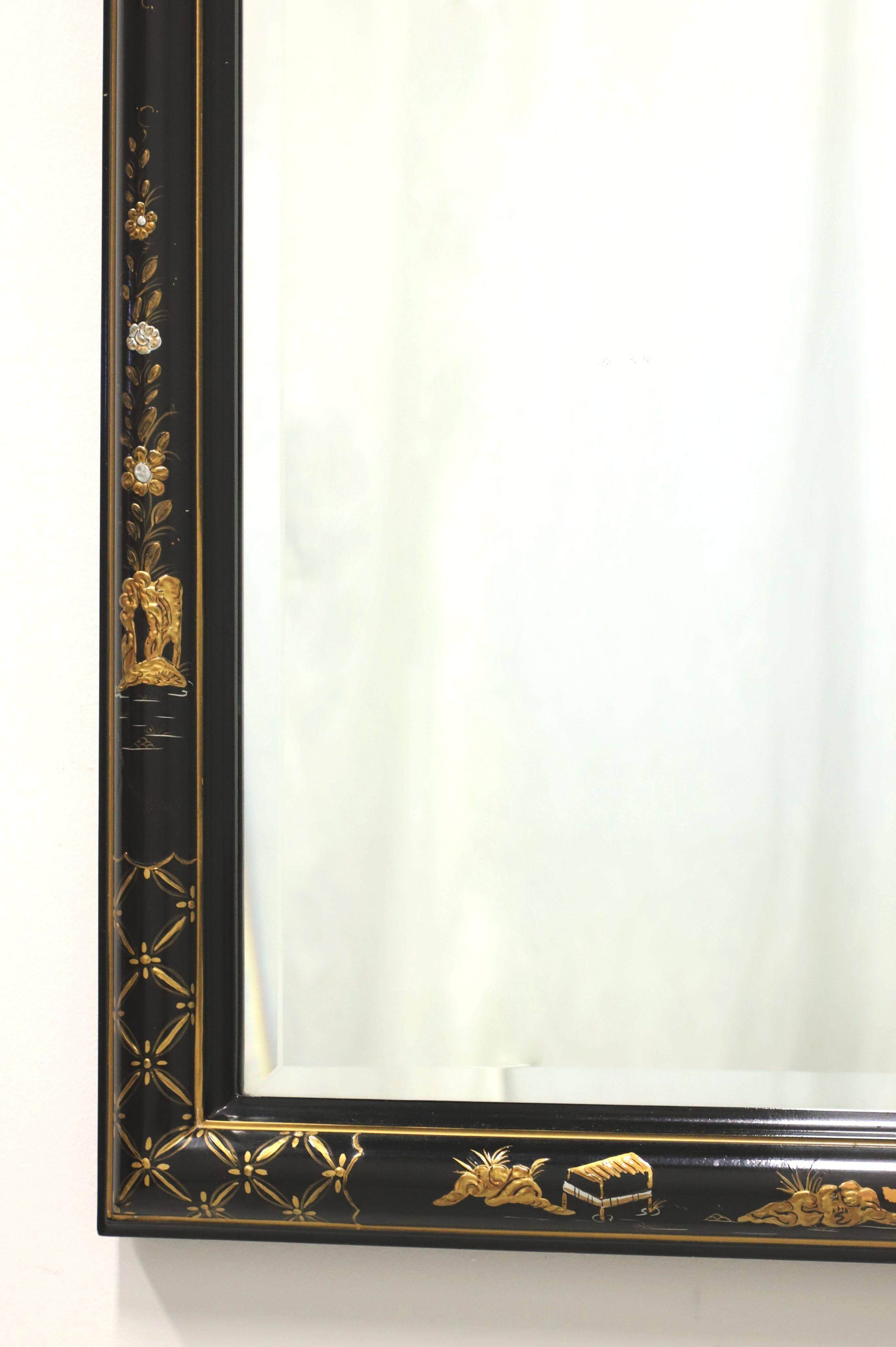 Mid-20th Century Hand Painted Black Lacquer Chinoiserie Beveled Wall Mirror 1