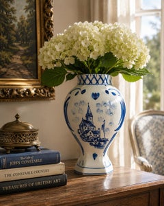 Mid-20th Century Hand-Painted Blue and White Delft Village Scene Vase