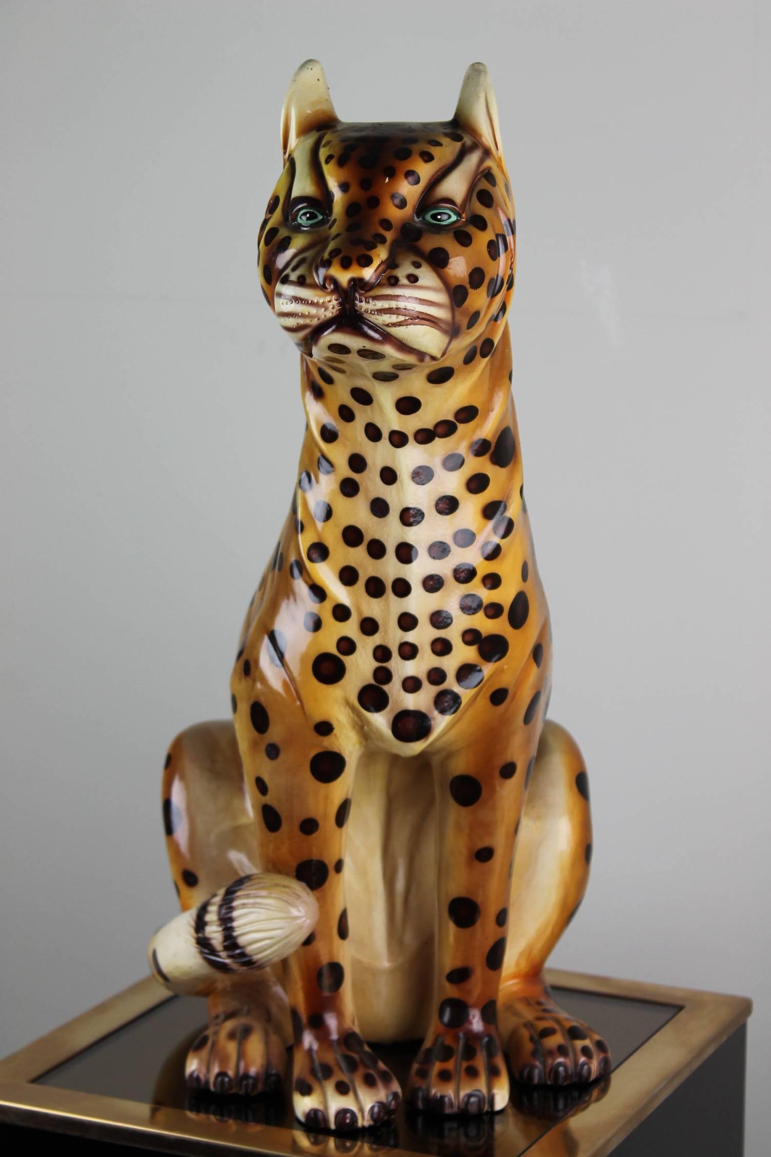 European Mid-20th Century Hand-Painted Cheetah Ceramic Sculpture