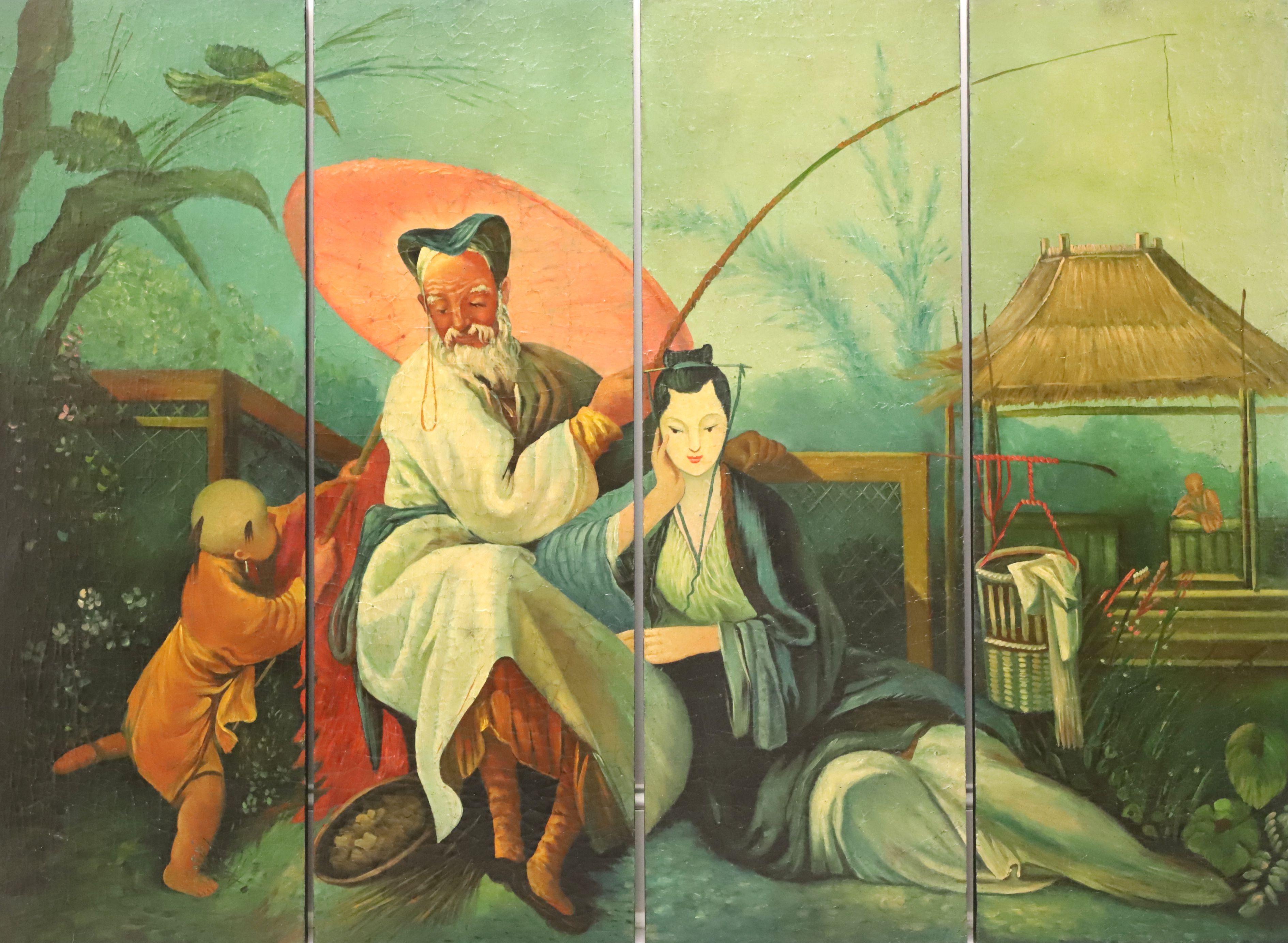 An original set of four hand painted Chinese wall panels forming one work of art. Four separate panels creating one scene, oil paint on board, from the mid 20th Century. Untitled, (Family Fishing). Unsigned, artist unknown. Each panel has a