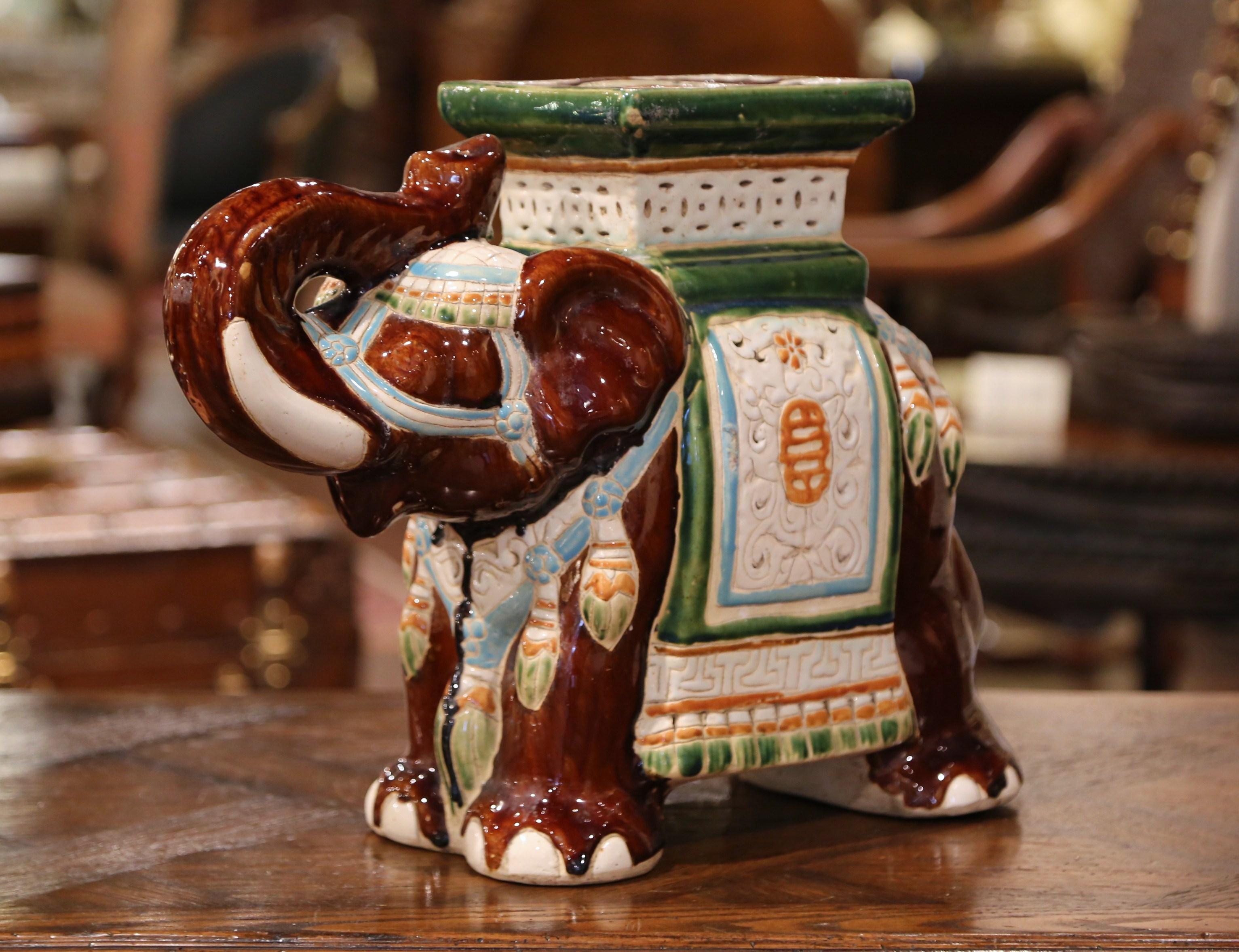 Unknown Mid-20th Century Hand Painted Faience Elephant Garden Seat For Sale