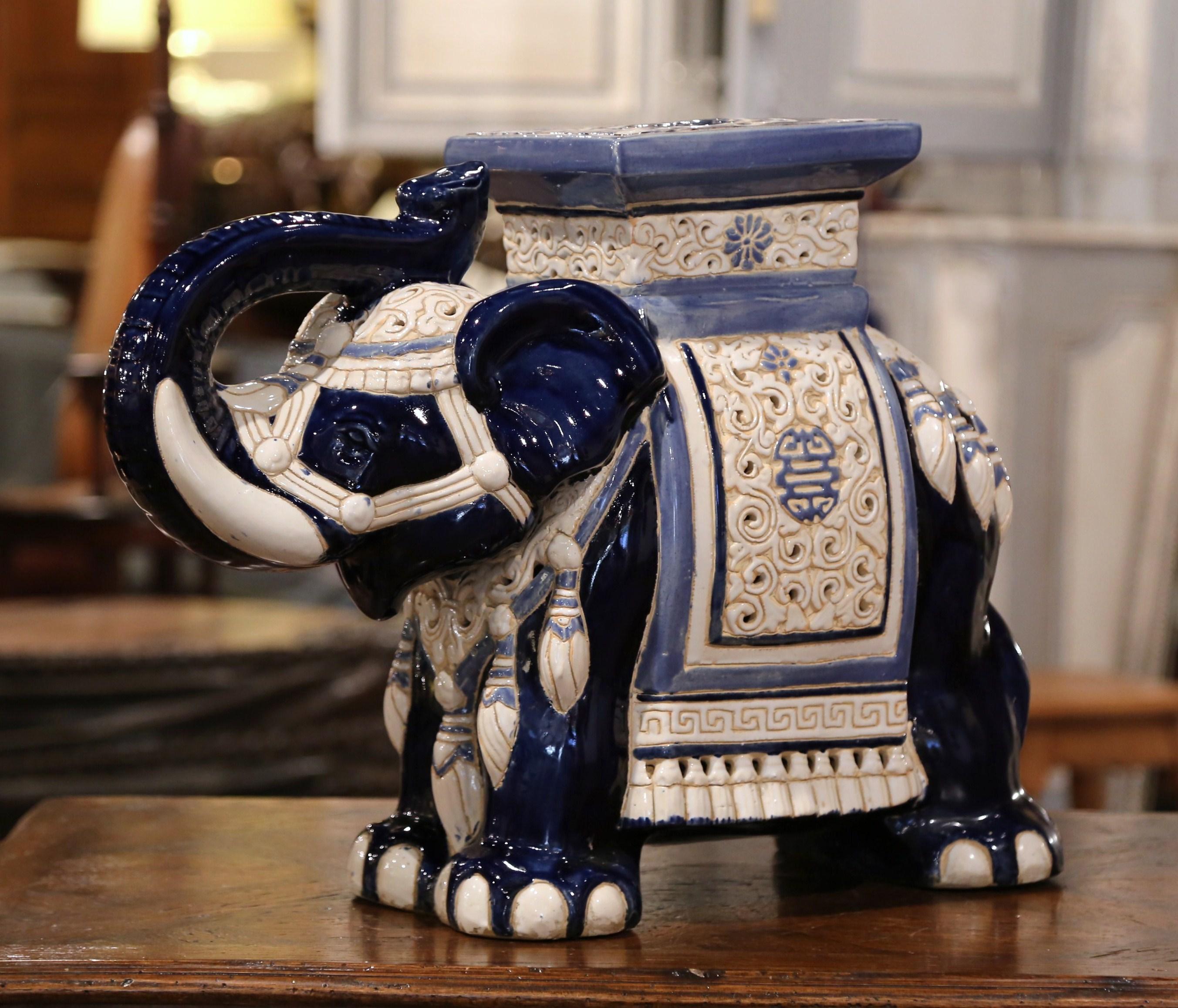 Hand-Crafted Mid-20th Century Hand Painted Faience Elephant Garden Seat