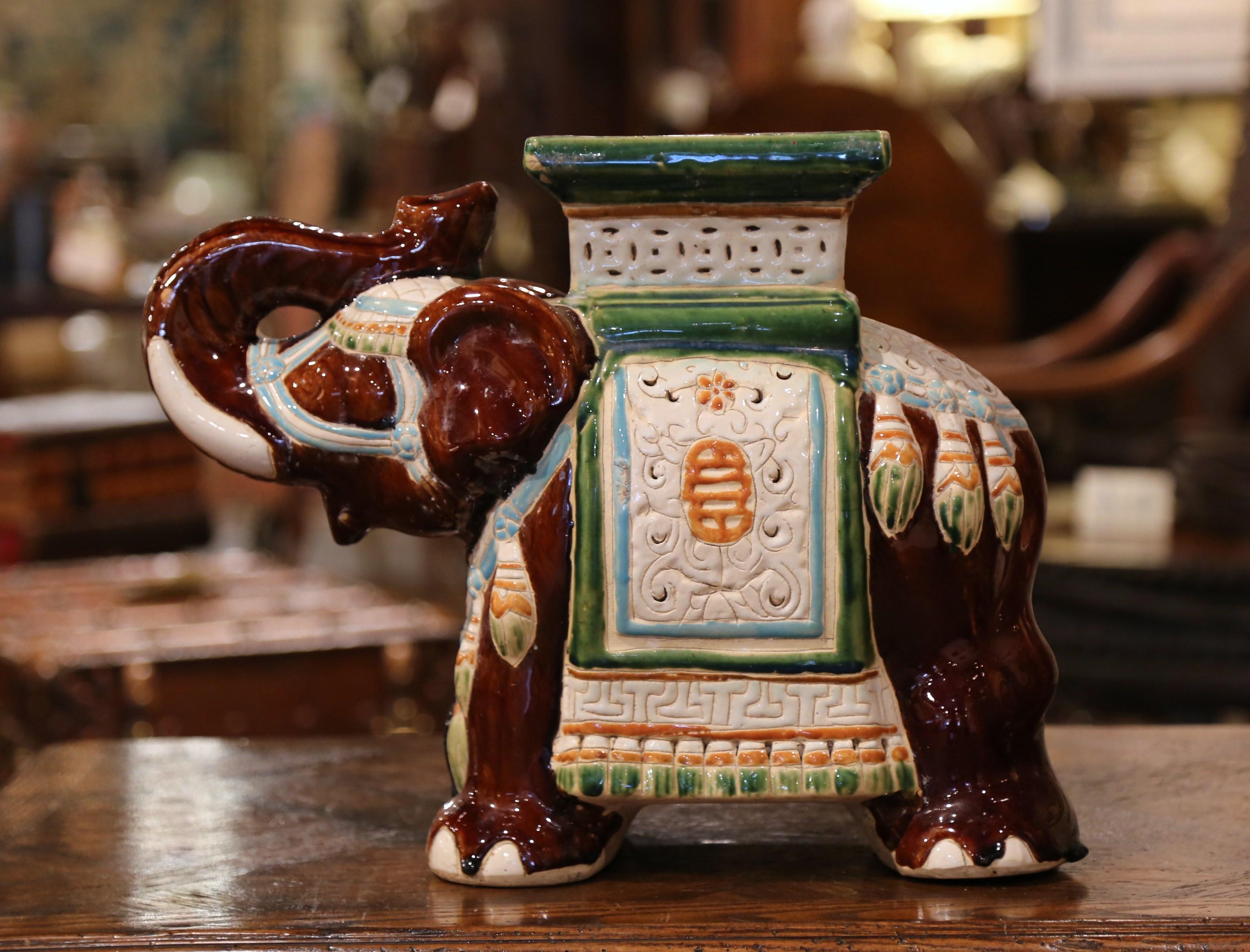 Hand-Crafted Mid-20th Century Hand Painted Faience Elephant Garden Seat For Sale