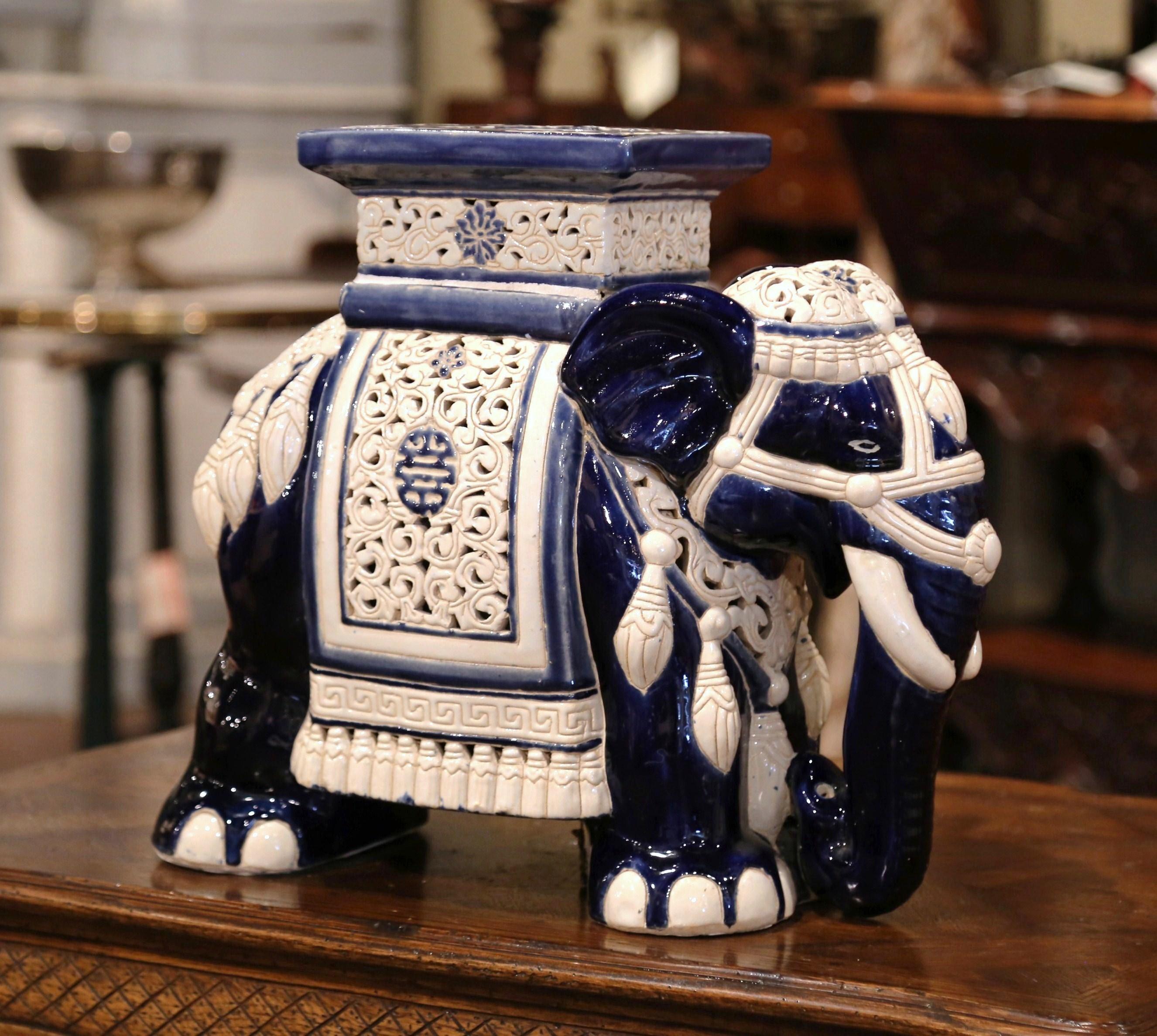 Mid-20th Century Hand Painted Faience Elephant Garden Seat In Excellent Condition In Dallas, TX