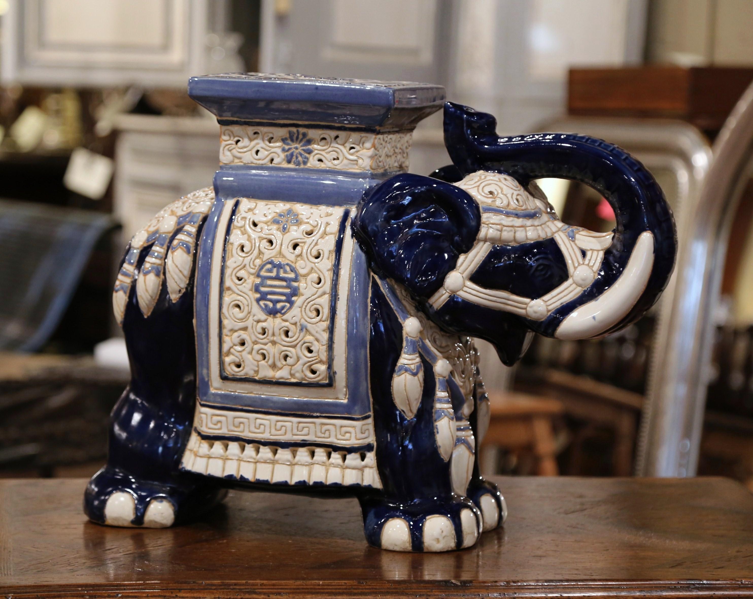 Mid-20th Century Hand Painted Faience Elephant Garden Seat In Excellent Condition In Dallas, TX