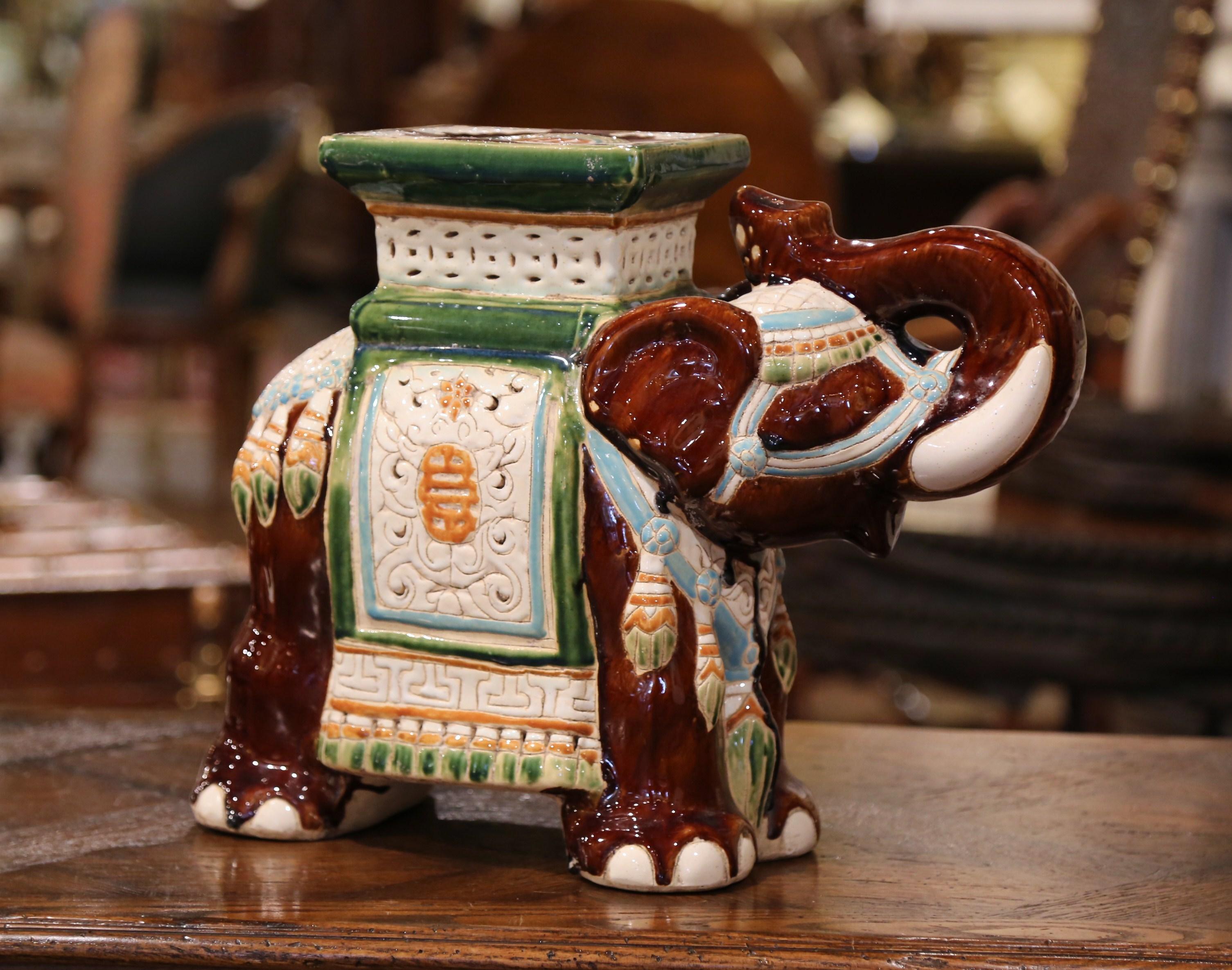 Mid-20th Century Hand Painted Faience Elephant Garden Seat In Excellent Condition For Sale In Dallas, TX