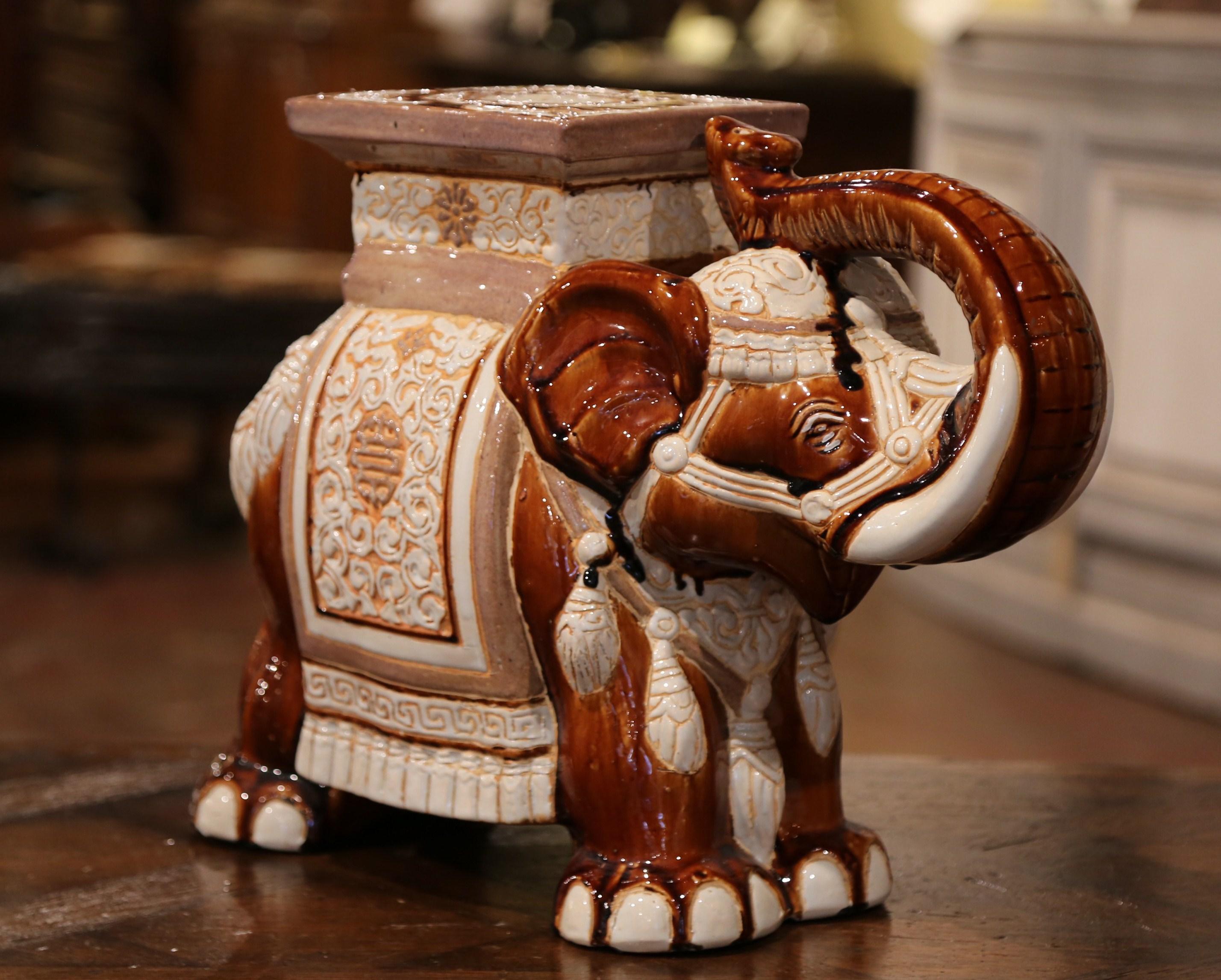 Unknown Mid-20th Century Hand Painted Faience Elephant Garden Seat For Sale