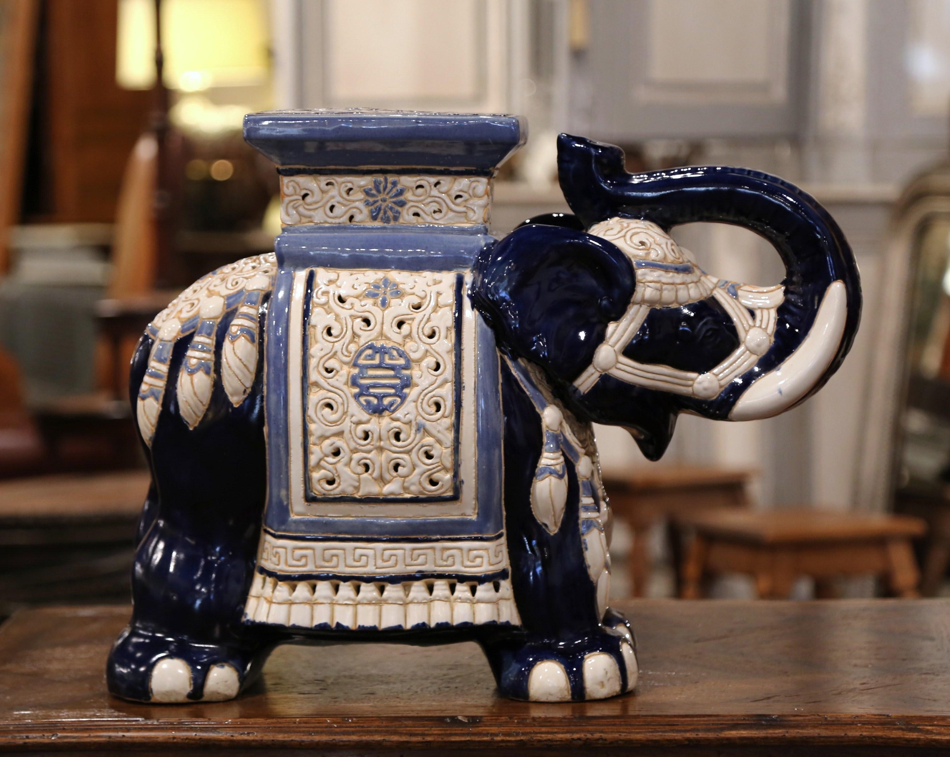 Ceramic Mid-20th Century Hand Painted Faience Elephant Garden Seat