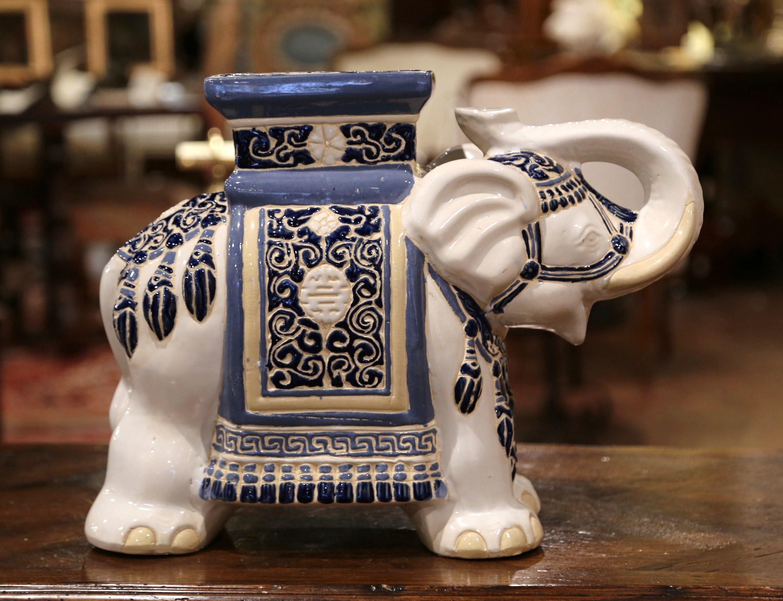 Ceramic Mid-20th Century Hand Painted Faience Elephant Garden Seat