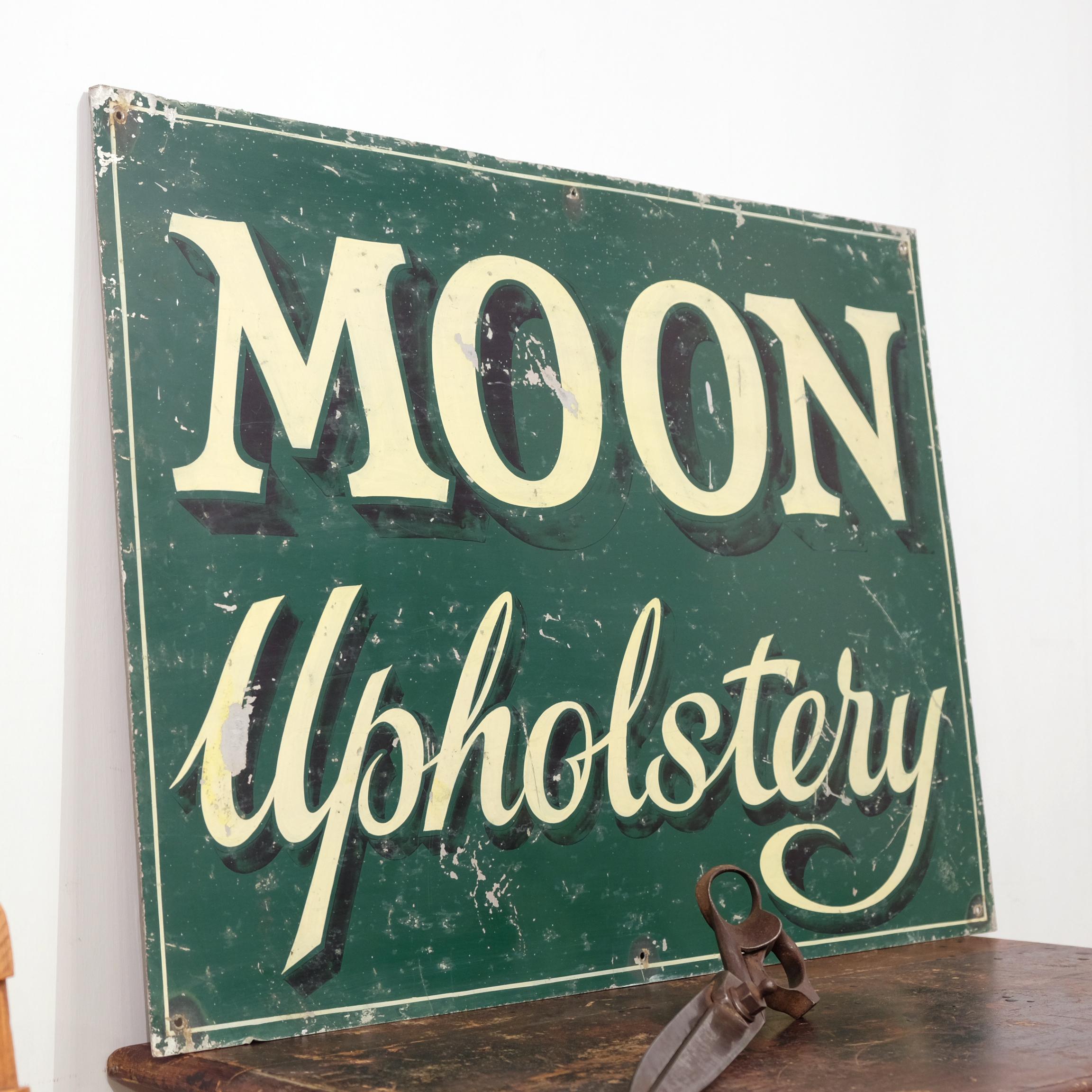 English Mid-20th Century Hand Painted Metal Trade Sign, Cream on Green 'Moon Upholstery'