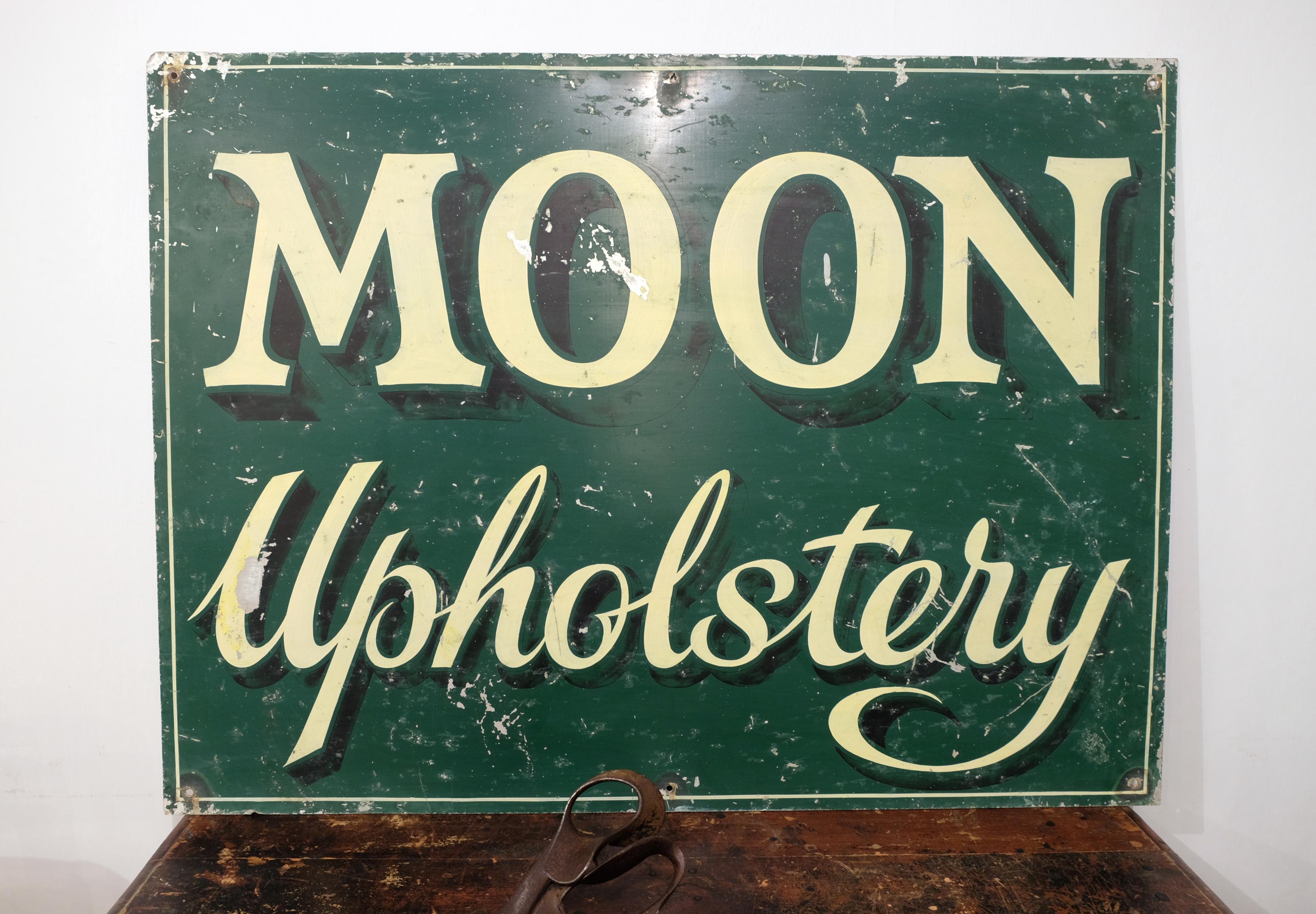 Hand-Painted Mid-20th Century Hand Painted Metal Trade Sign, Cream on Green 'Moon Upholstery'
