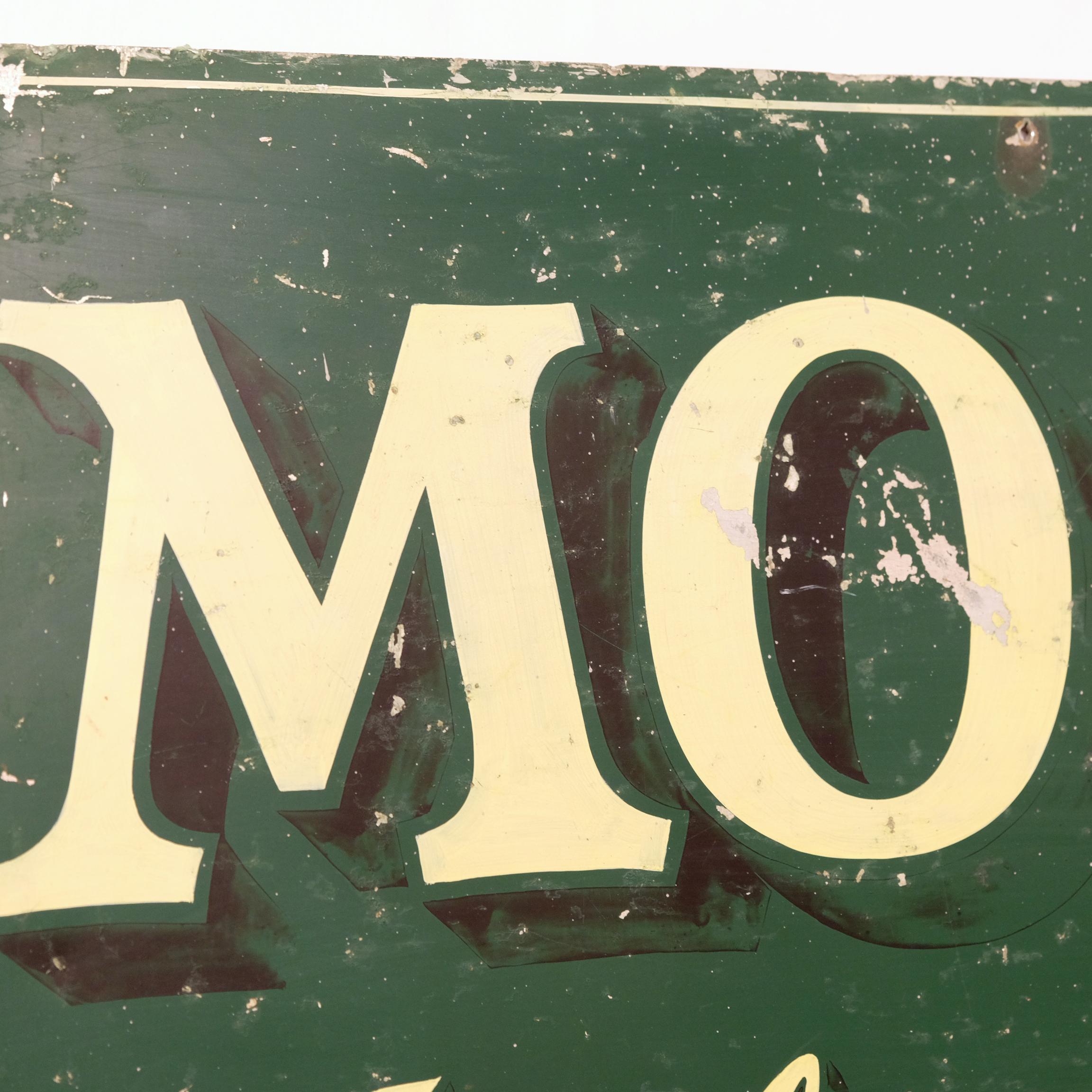 Sheet Metal Mid-20th Century Hand Painted Metal Trade Sign, Cream on Green 'Moon Upholstery'