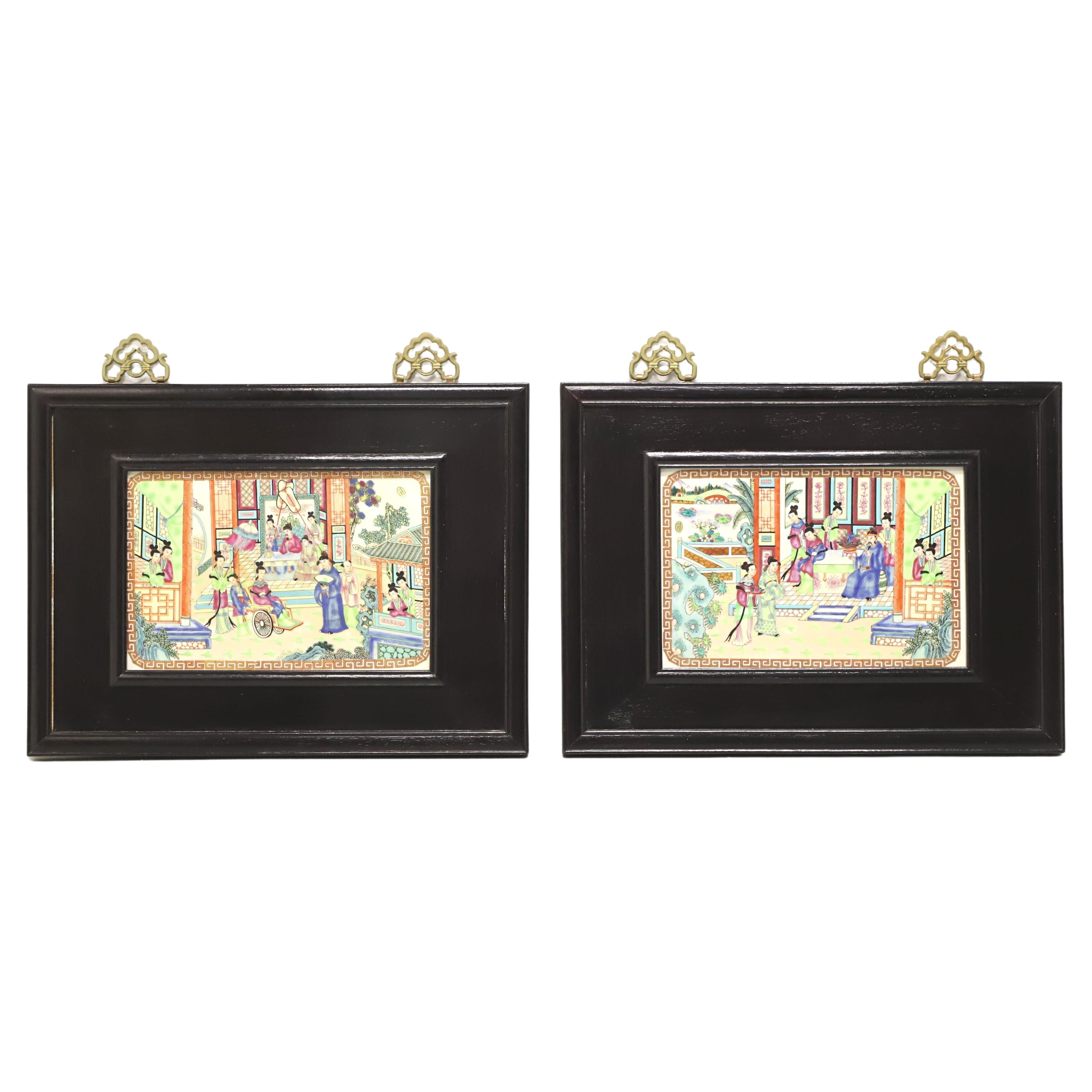 Mid 20th Century Hand Painted Porcelain Japanese Framed Wall Art - Pair For Sale