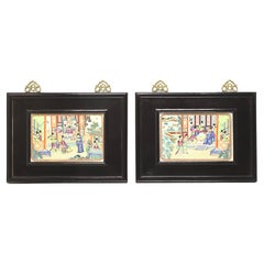 Mid 20th Century Hand Painted Porcelain Japanese Framed Wall Art - Pair