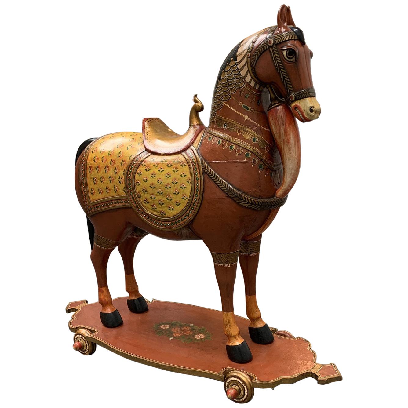 Mid-20th Century Hand Painted Wood Horse and Wheels For Sale