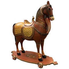 Vintage Mid-20th Century Hand Painted Wood Horse and Wheels