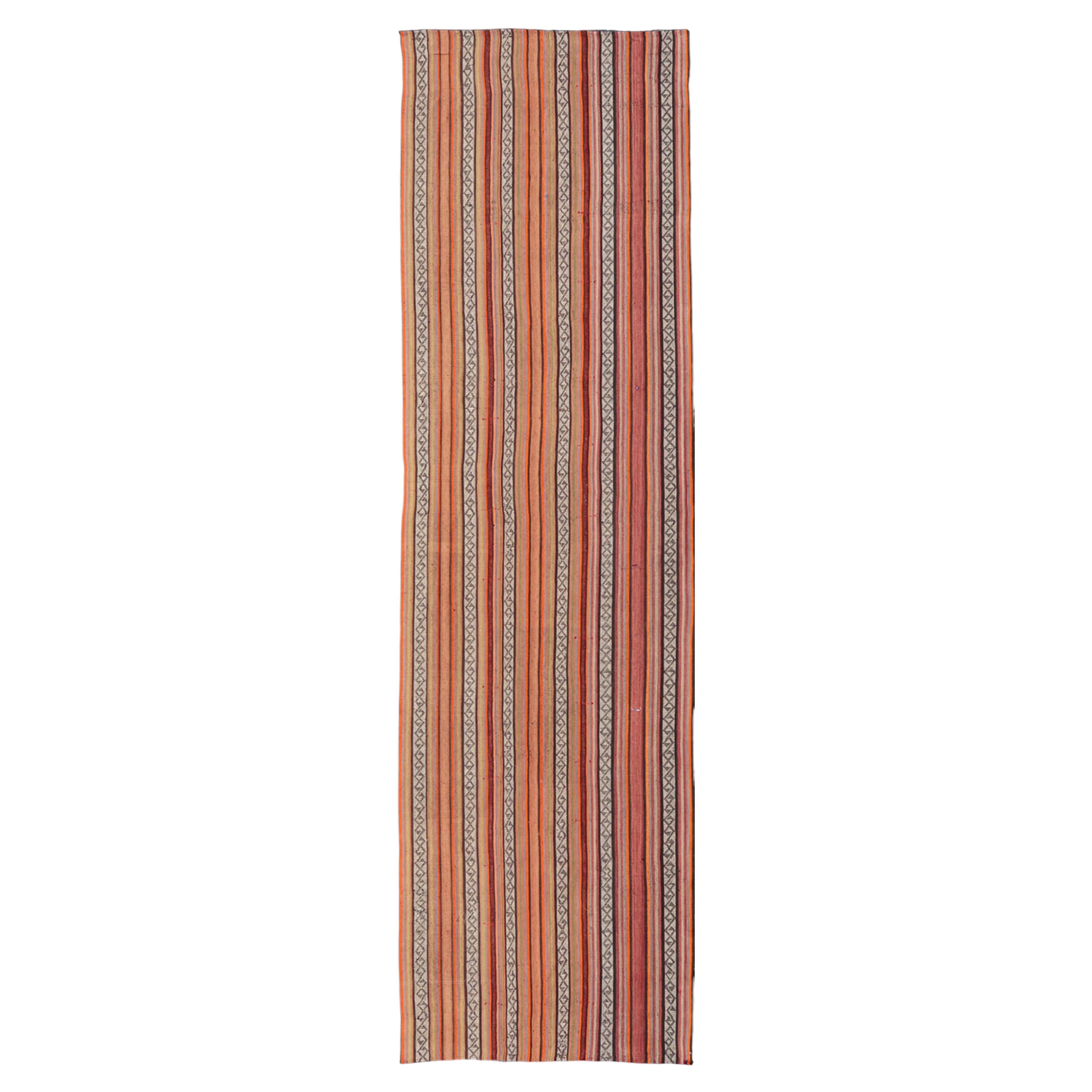 Mid-20th Century Hand-Woven Kilim Runner with Vertical Stripes 4'9 x 17'2 For Sale