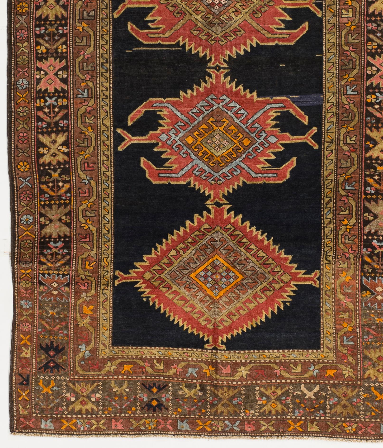 Wool Mid-20th Century Hand-Woven Russian Tribal Rug Kazak Design For Sale